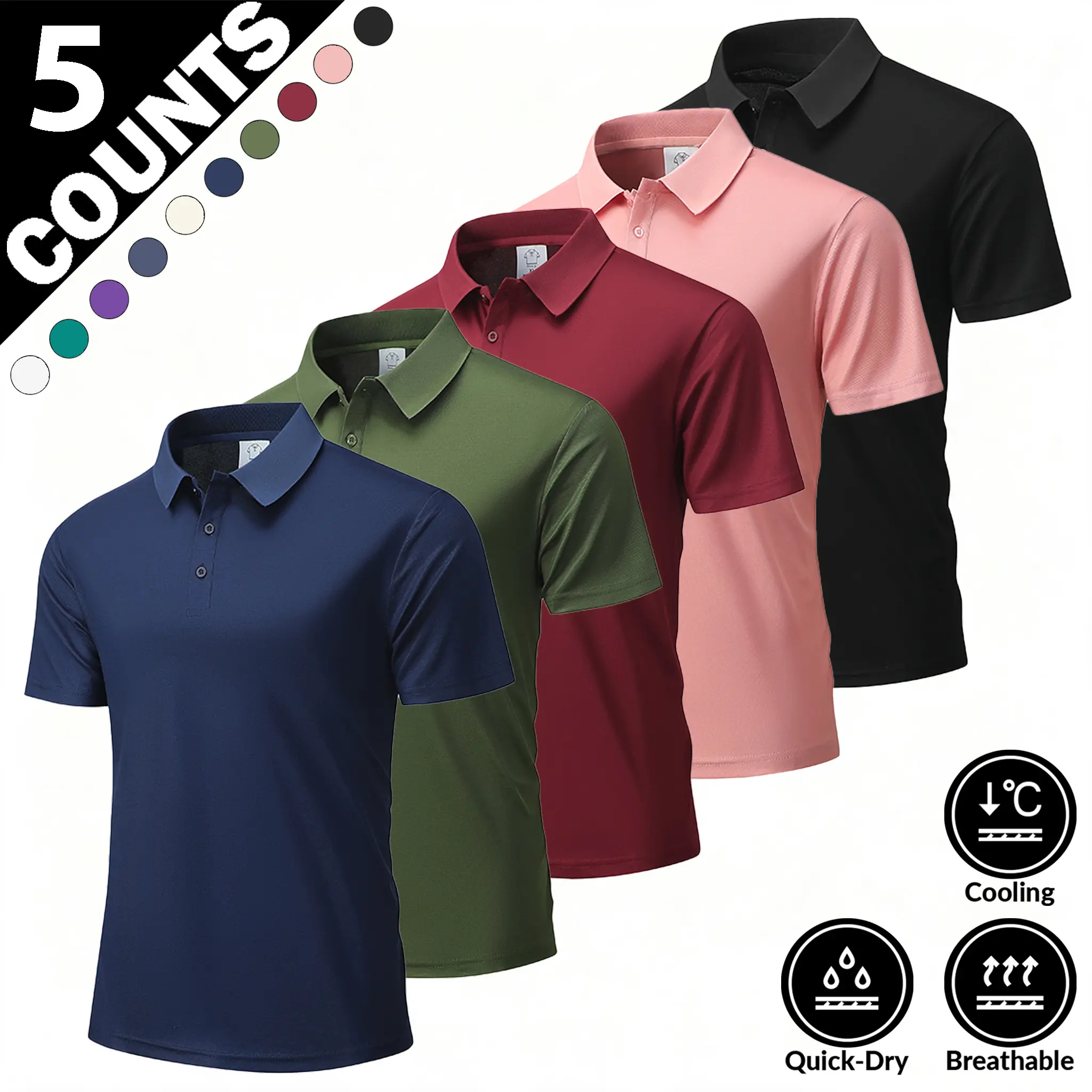 Men’s 5-Pack 2026 Solid Pique Cool Touch Collared Polo Shirts, Menswear Tops Clothes, Premium Lightweight Plain Shortsleeve Fabric, Quick Sweat Absorption & Moisture Evaporation for Sweltering Heat