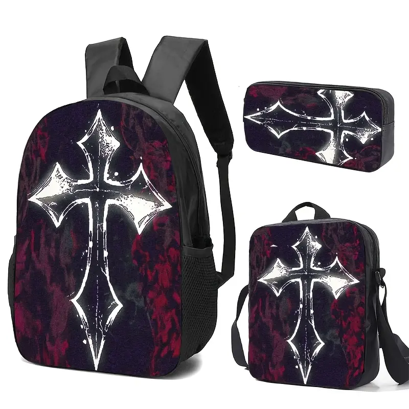 Gothic Cross Print Backpack Set, Durable Oxford Cloth in a Dark Theme Style with High-Res Print, Large Capacity and Adjustable Straps for Daily Use, Backpacks, Black Backpack