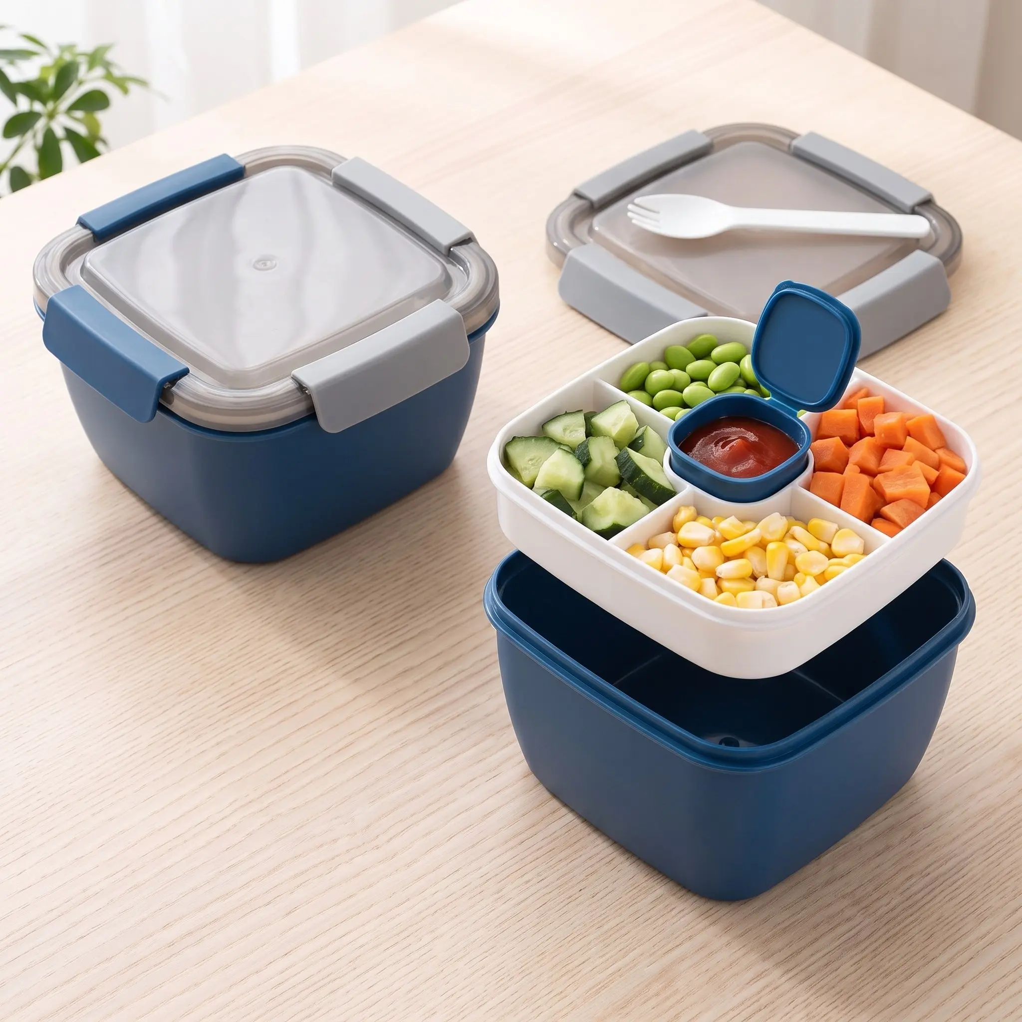 1500ML Dual Layer Salad Box, Portable Sauce Container, Office Weight Loss Bento Box, Sealed Freshness Keeper, Convenient Lunch Solution