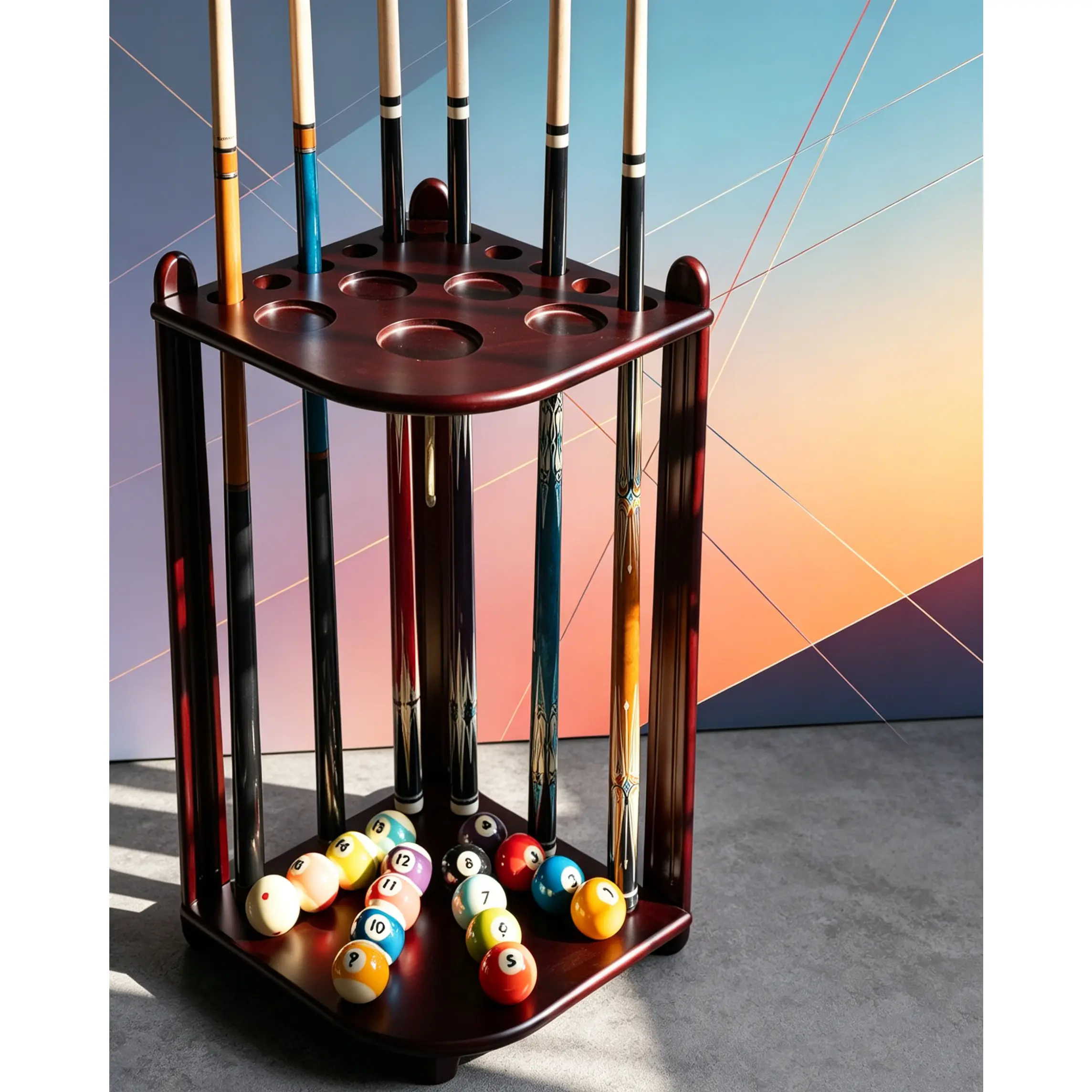 Floor Mounted Solid Wood Billiard Cue Rack 10 Cue Capacity Mahogany Pool Stick Stand Organizer for Home Game Room Pool Table Accessories