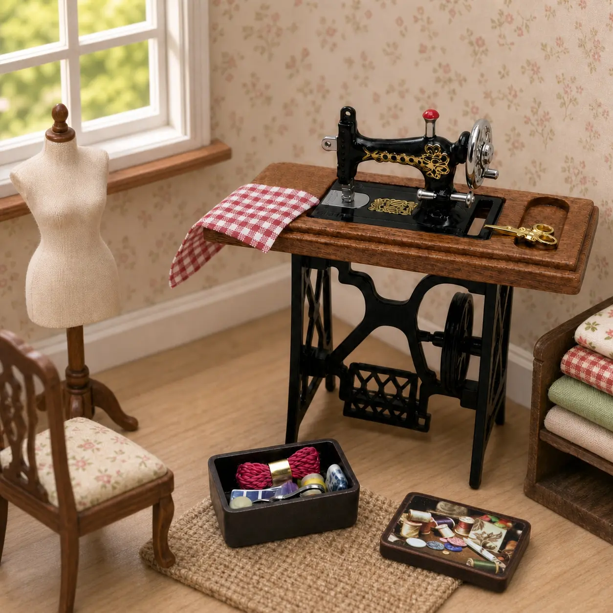 Dollhouse Miniature Treadle Sewing Machine with Sewing Box Vintage Sewing Room DIY Scene Decor Christmas Easter New Year Gift Dollhouse Playset