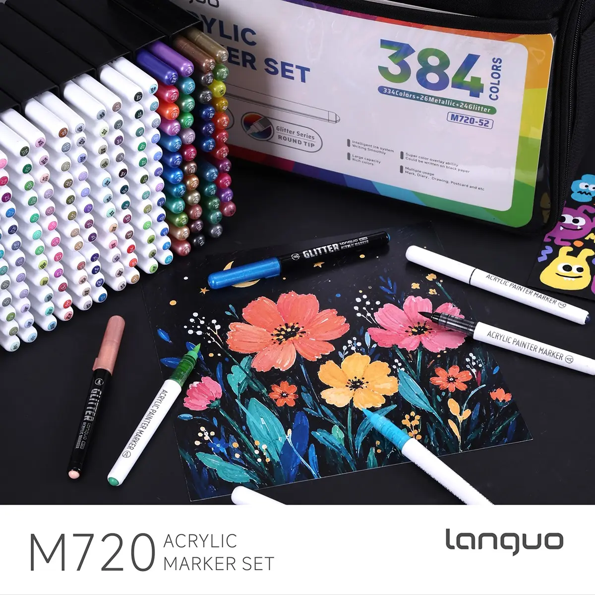 Languo Acrylic Marker Pen Set, 384/288/240 Colors, Soft Tip, Ink Refillable, Layering, Non-See-Through, Art, Office, School Supplies