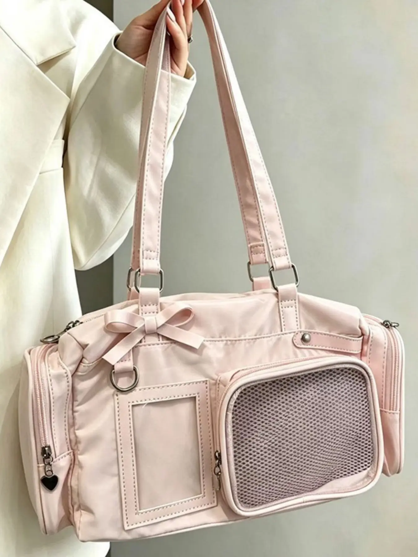 Japanese Style Jk Academy Wind Nylon Messenger Bag, Dual Pockets, Butterfly Strap, Heart Pendant, Waterproof, Lightweight, Versatile
