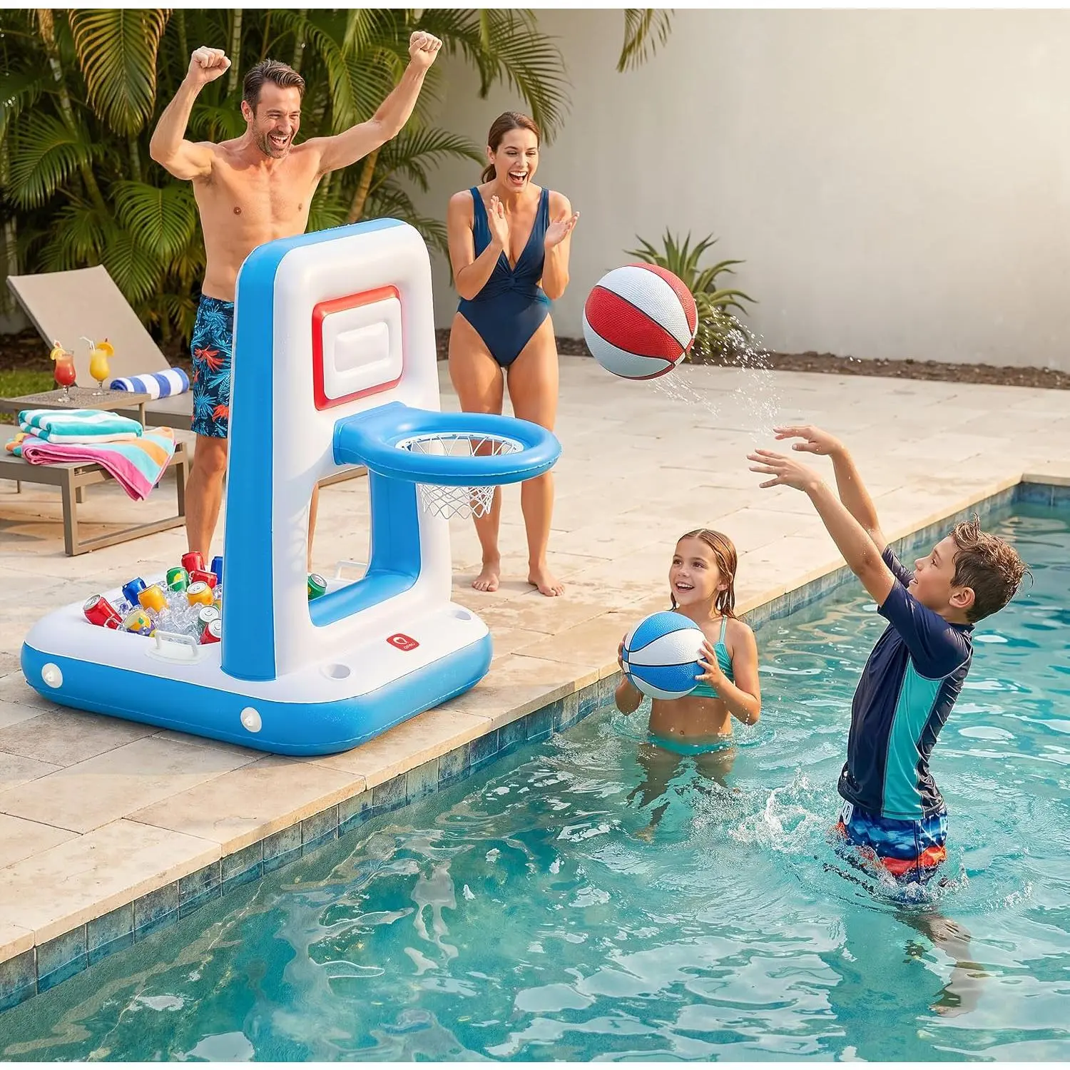 42" Inflatable Pool Basketball Hoop with Built-in Cooler for Family Party - Floating & Poolside Game Set for Kids & Adults, Includes 2 Balls & Pumps