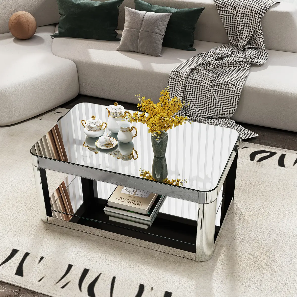 Modern Baked Curved Mirror Rectangular Coffee Table - Glass-Top Living Room Premium Center Table Furniture