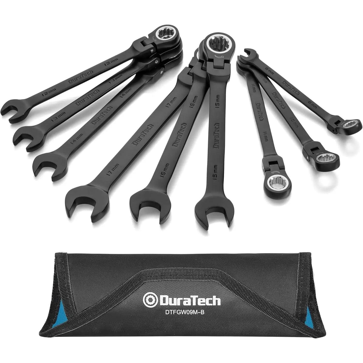 Flex-Head Ratcheting Wrench Set, Metric| 8mm, 10mm, 11mm, 12mm, 13mm, 14mmm, 15mm, 16mm, 17mm,72 Tooth, Black Electrocoat, CR-V, Rolling