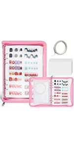 Press On Nail Storage Organizer Binder with 8 Insert Pages - A5 Size Reusable Fake Nail Swatch Collecting Book Polish Color Display Holder Container with Tape and Zipper Pocket (PINK)