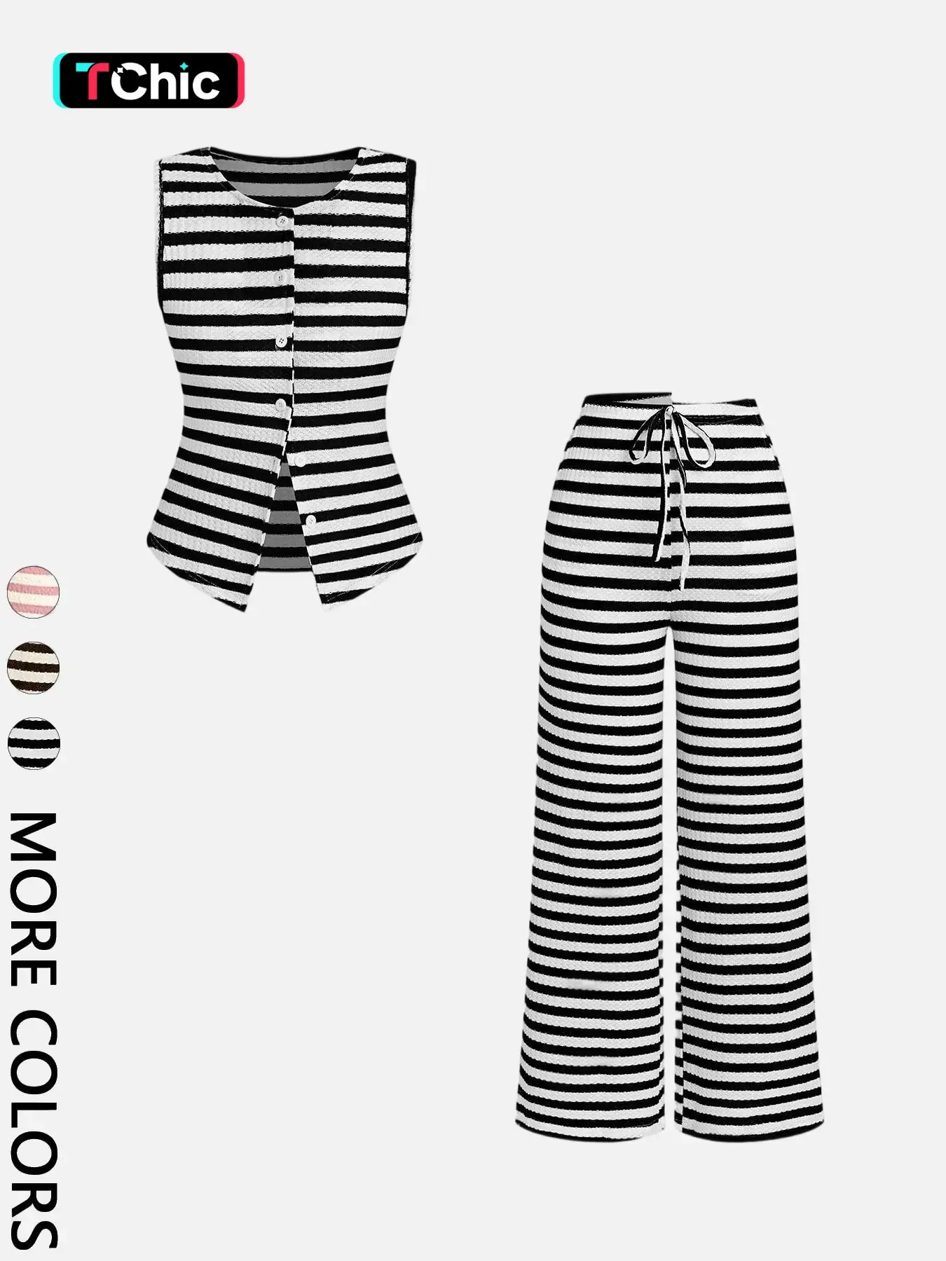 2 Piece Sleeveless Single Buttons Split Hem Waist Striped Lightweight Vest Top Adjustable Drawstring Tie High Waist Straight Wide Leg Casual Pants Co Ord Set