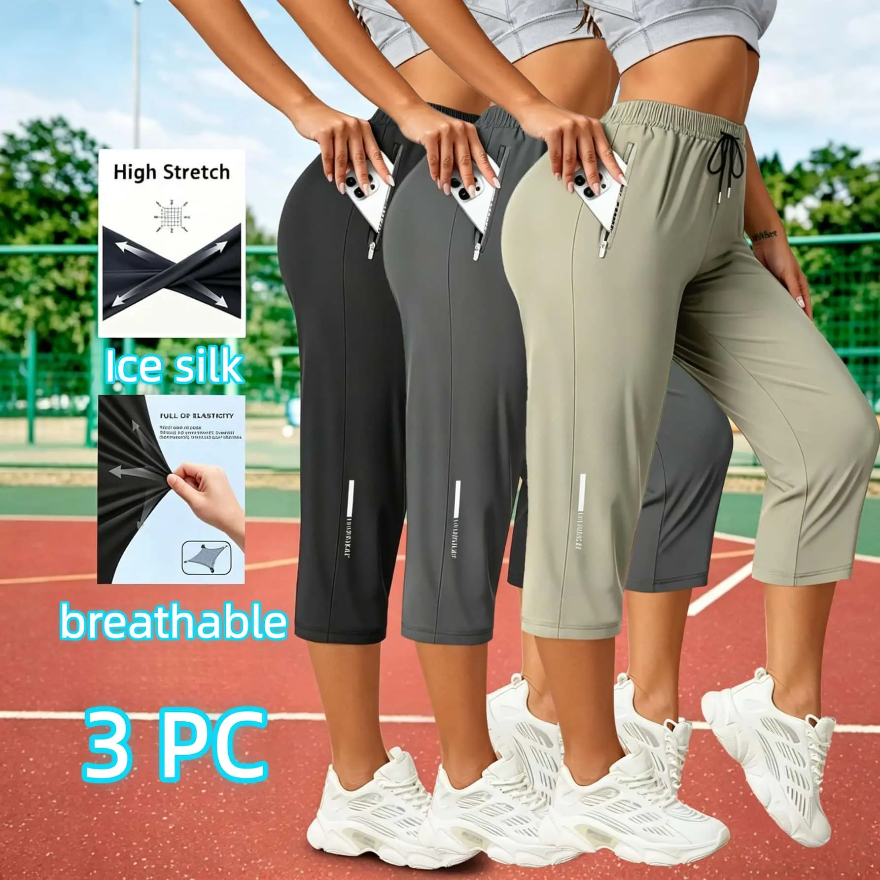3PC Summer Women's Capris Pants - Ice Silk Breathable High-Stretch Fabric, Loose Fit, Drawstring Waist, Zippered Pockets, Suitable for Everyday Wear, Women's Clothes