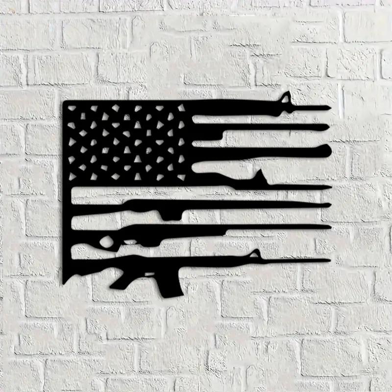 American Flag and Rifle Metal Wall Art — A patriotic-style wall decoration featuring a design of the national flag and a rifle. It makes an ideal gift for celebrating Independence Day or Veterans Day, or for anyone who loves patriotic-themed decor.