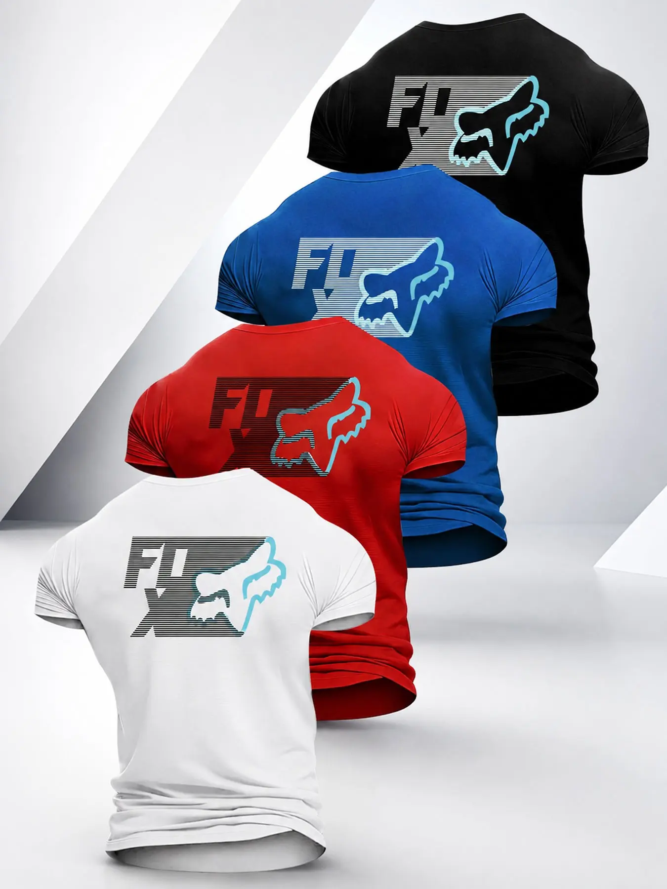 4-Piece Men's Printed Short Sleeve T-Shirt Set, Streetwear, Gym Training, Outdoor Cycling, Racing Line Design, Comfortable Fabric, Unisex