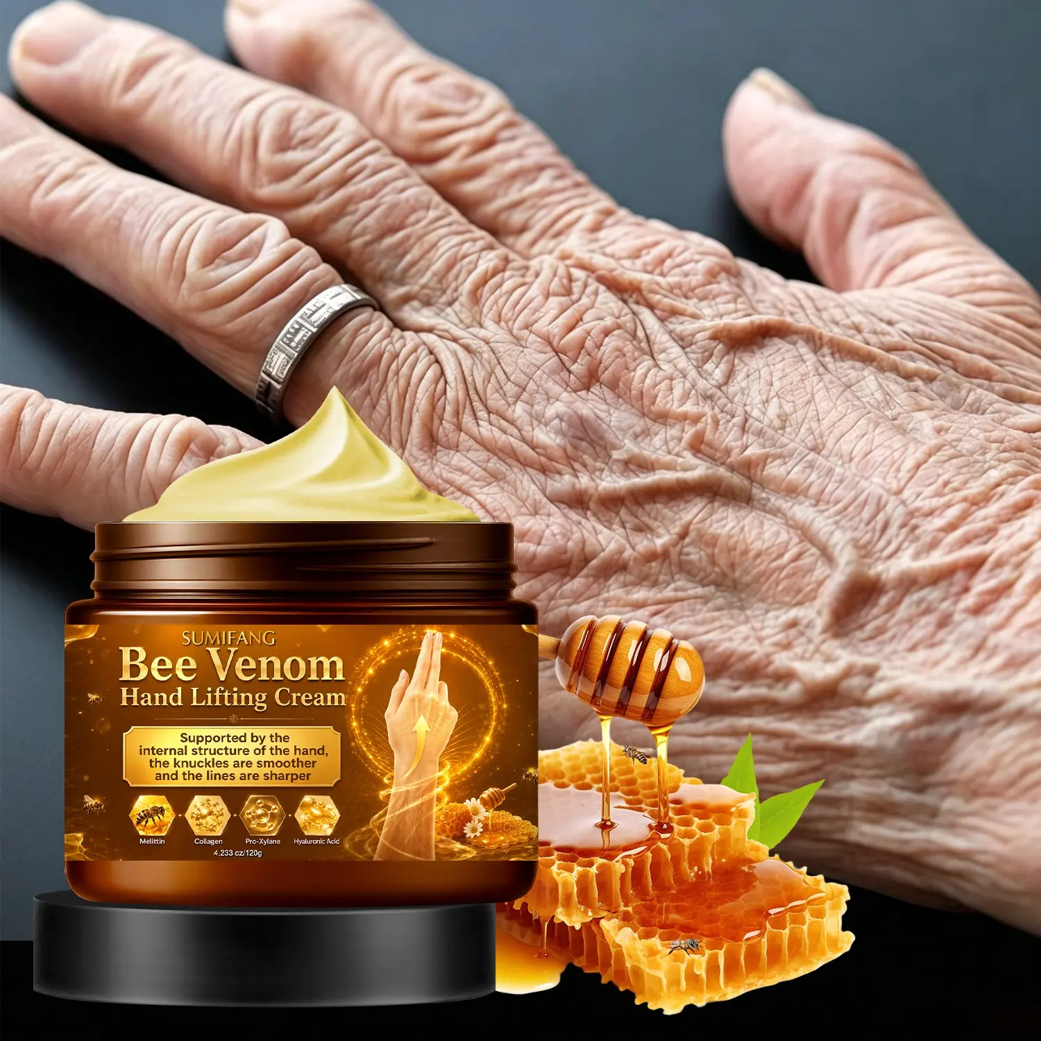 SUMIFANG Bee Venom Lifting Hand Cream 120g – Moisturizing Nourishing Hand Cream – 4-in-1 Firming Formula – Reduces dark spots and fine lines – Targets hands and fingers – Suitable for mature skin and those showing early signs of aging