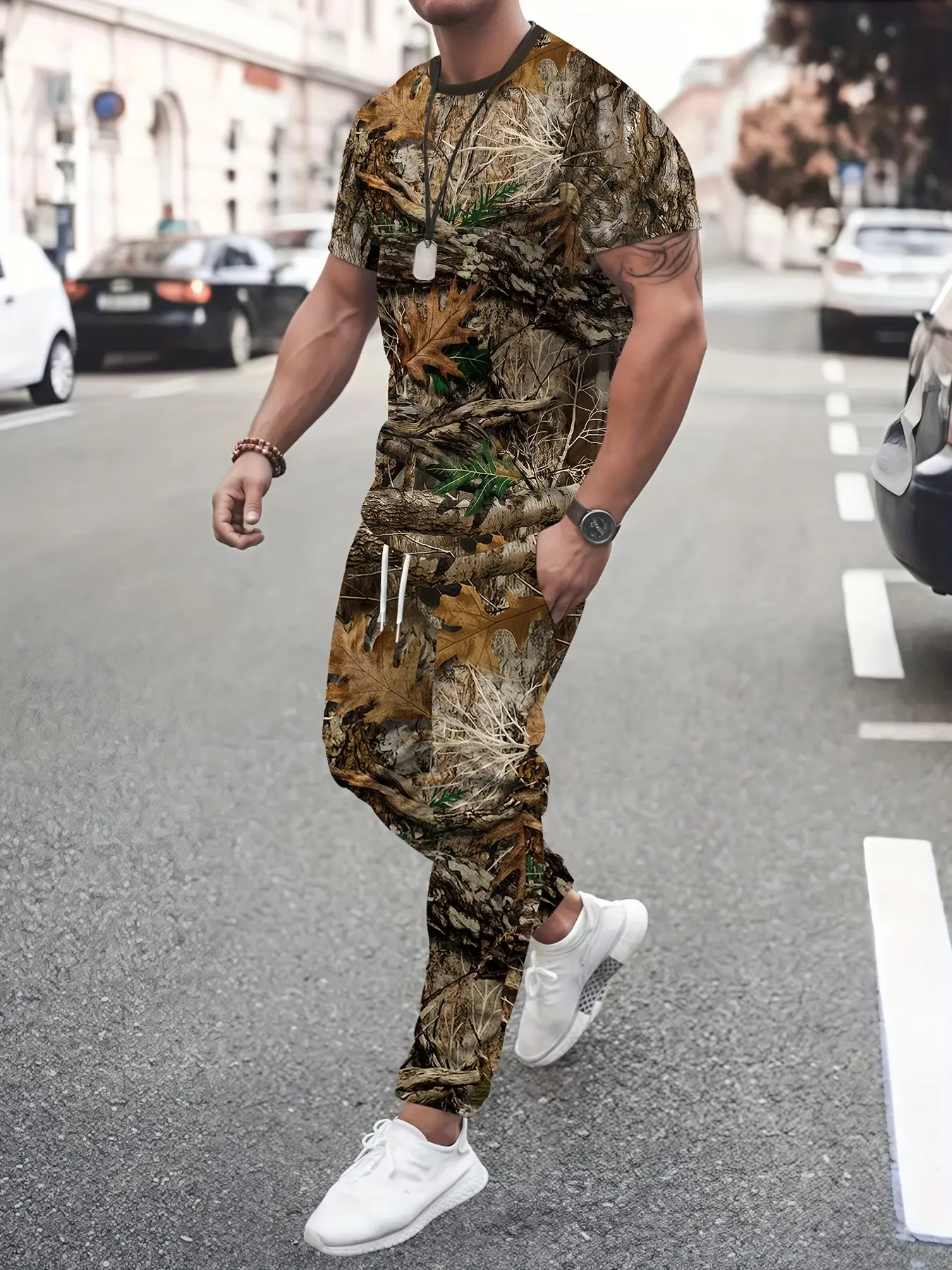 Men's Two-Piece Set, Realistic Jungle Leaf Camo Round Neck Short Sleeve T-Shirt + Drawstring Sweatpants, Lightweight Breathable, Spring Summer Casual Wear, Menswear