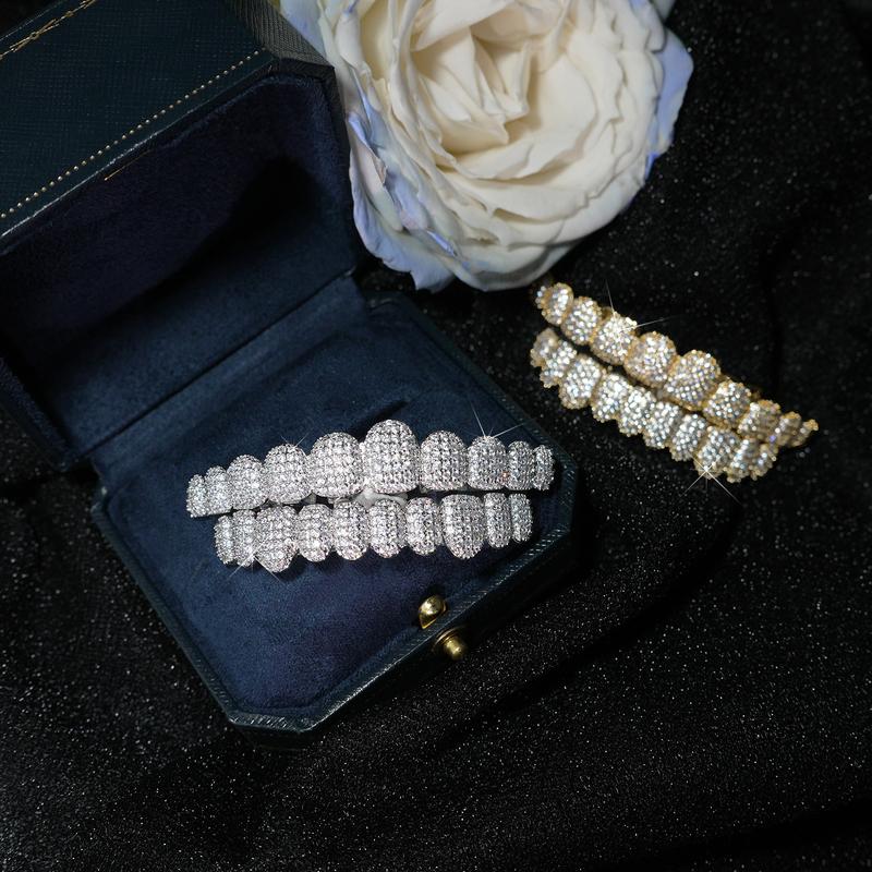 ZZHS Hip Hop Cubic Zirconia Teeth Grills 2pcs Set - 20pcs Top & Bottom Grills for Rappe and Cosplaye with Glittering Finish Oral Heart Shaped Brackets Ceramic BracesTALISA