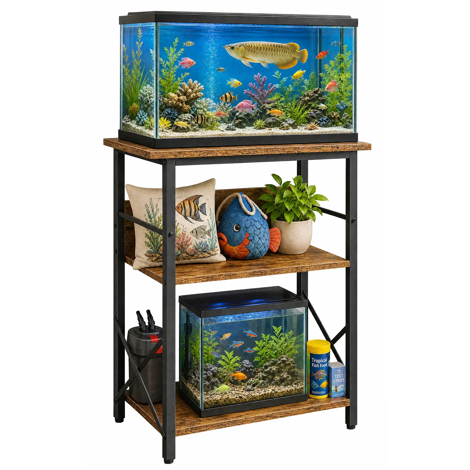 10 Gallon Aquarium Stand, 3-Tier Fish Tank Storage Shelves, Heavy Duty Ironwood Stand for Turtle & Reptile Tanks, 20.5" L x 11" W x 31.5" H
