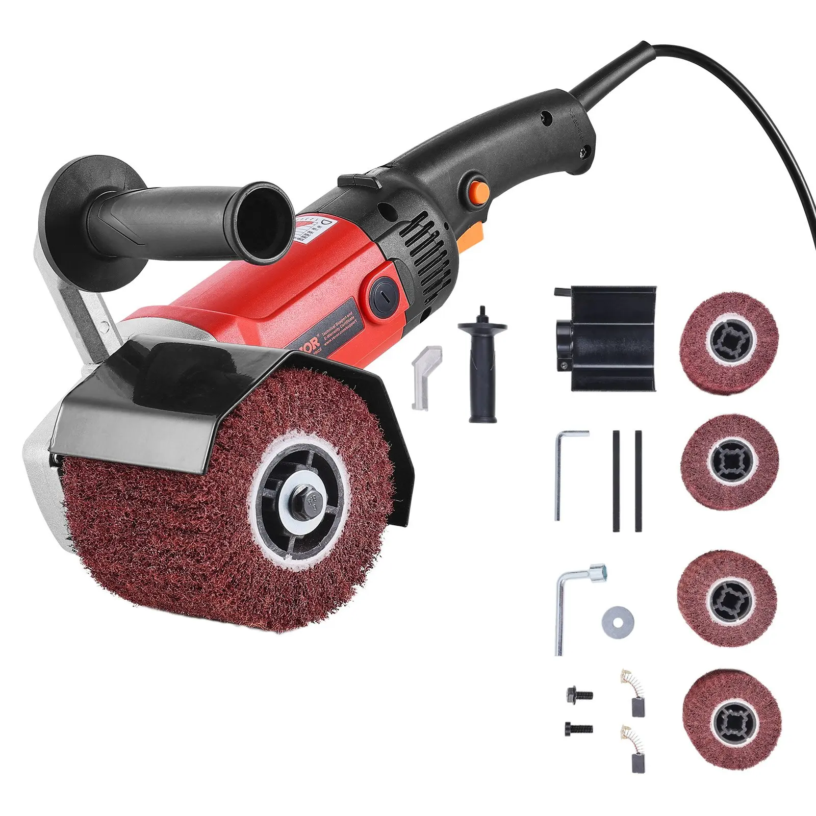 VEVOR Handheld Electric Burnishing Polishing Machine, 1200W Power 6 Variable Speed Surface Conditioning Tool with Aluminum Body, Cooling Vents, Dual Grips, 4 Polish Wheels for Stainless Steel, Non-Ferrous Metals, Surface Finishing