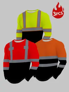Men's 3-Pack Long Sleeve T-Shirts, Fluorescent //olive Colorblock Print Base, Casual Slim-Fit, Spring & Fall Fashion