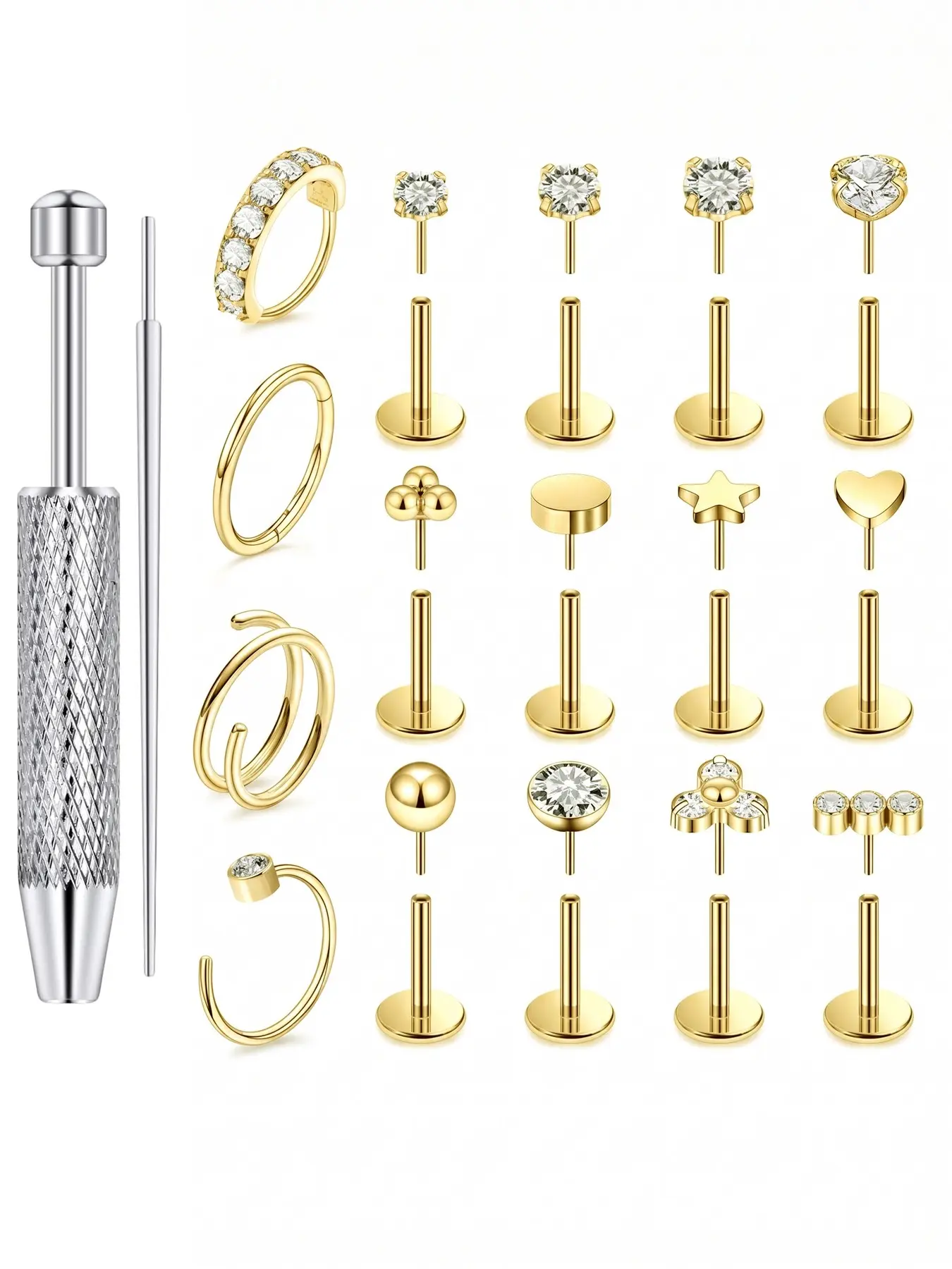 316L Surgical Steel Piercing Jewelry Kit with Insertion Taper & Grabber Tool, Assorted Gold CZ Labret Studs, Heart Star Ball Floral Flat Top Tragus Earrings, Rhinestone Double Spiral Seamless Septum Nose Hoops, Hypoallergenic Reusable Multi-Purpose Nostri