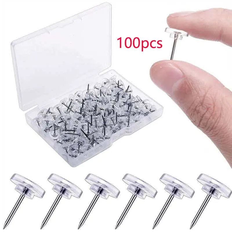 100 Transparent Durable Push Pins, Round Head Pins for Bulletin Boards, Corkboards, Photo Walls, Art Walls, Office DIY Decorations, Invisible Pins, Display Box, Storage Box