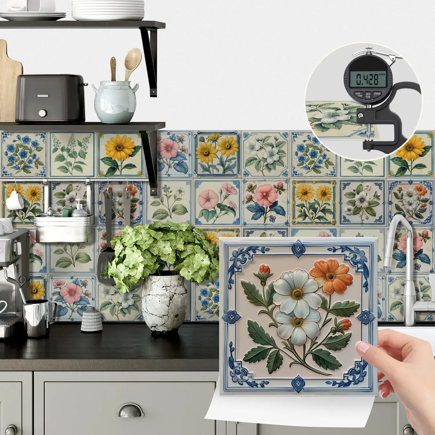 24PCS NHZ Vintage European Embossed Floral Tile Stickers, PVC Crystal Film, Glossy Self-Adhesive Removable No Residue, Easy Clean for Kitchen Bathroom Home Decor