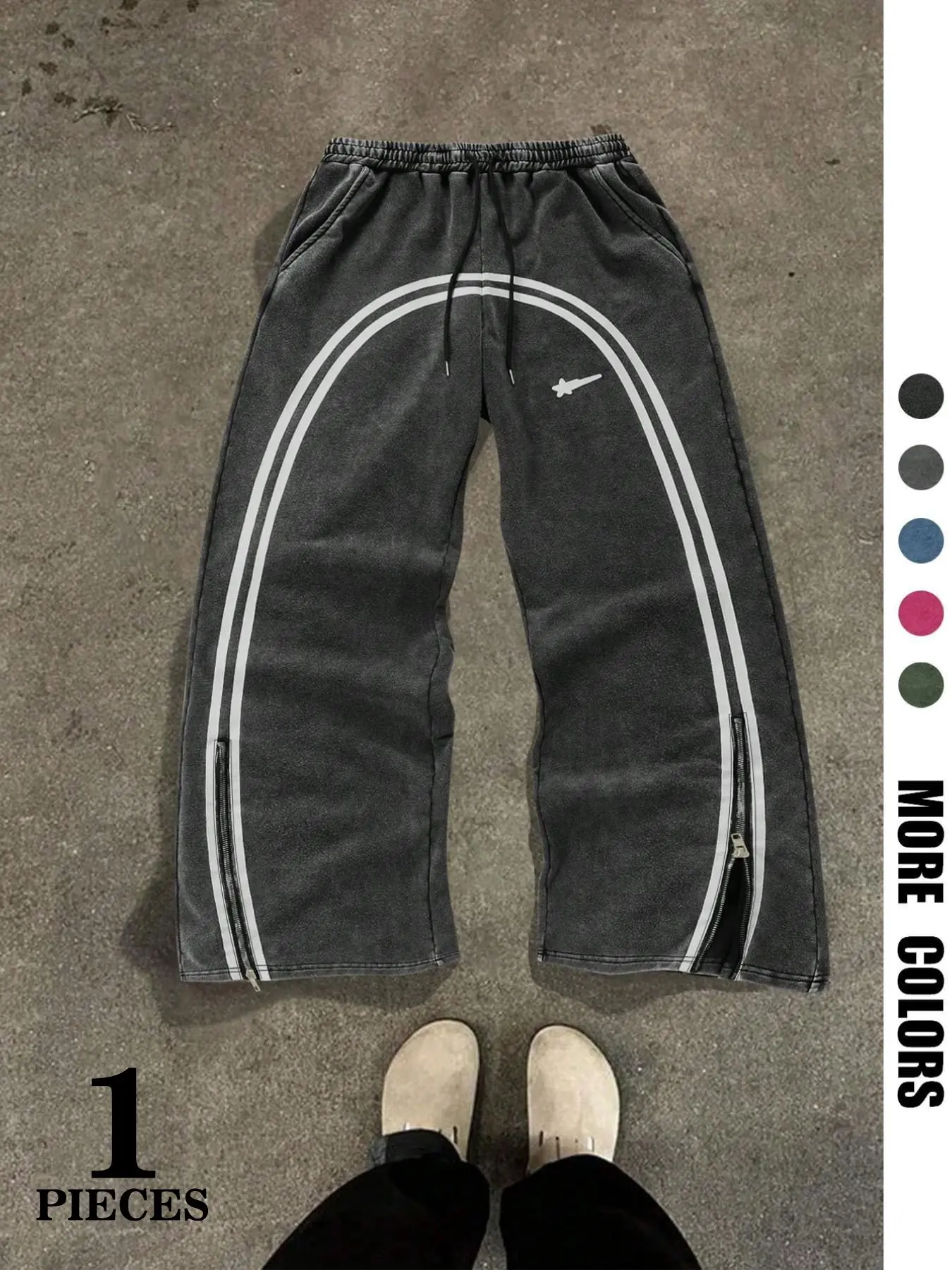 Men's Star & Striped Print Washed Distressed Drawstring Waist Sweatpants, Regular Fit Casual Comfy Fashion Pocket & Zipper Athleisure Design Pants for Fall & Winter Fitness Athletic Casual Pants