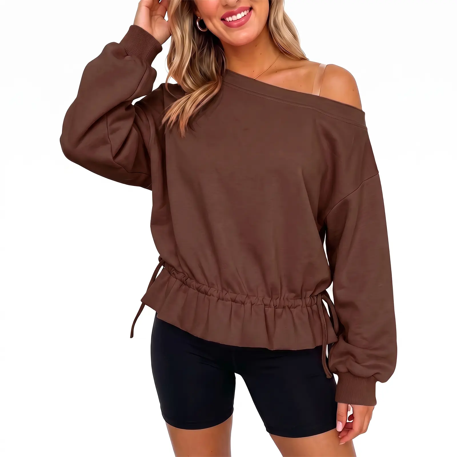 Aoysky Women Off Shoulder Drawstring Waist Knit Sweatshirt Top, Oversized Long Sleeve Ruffle Hem Loose Casual Pullover for Daily Spring Summer Loungewear