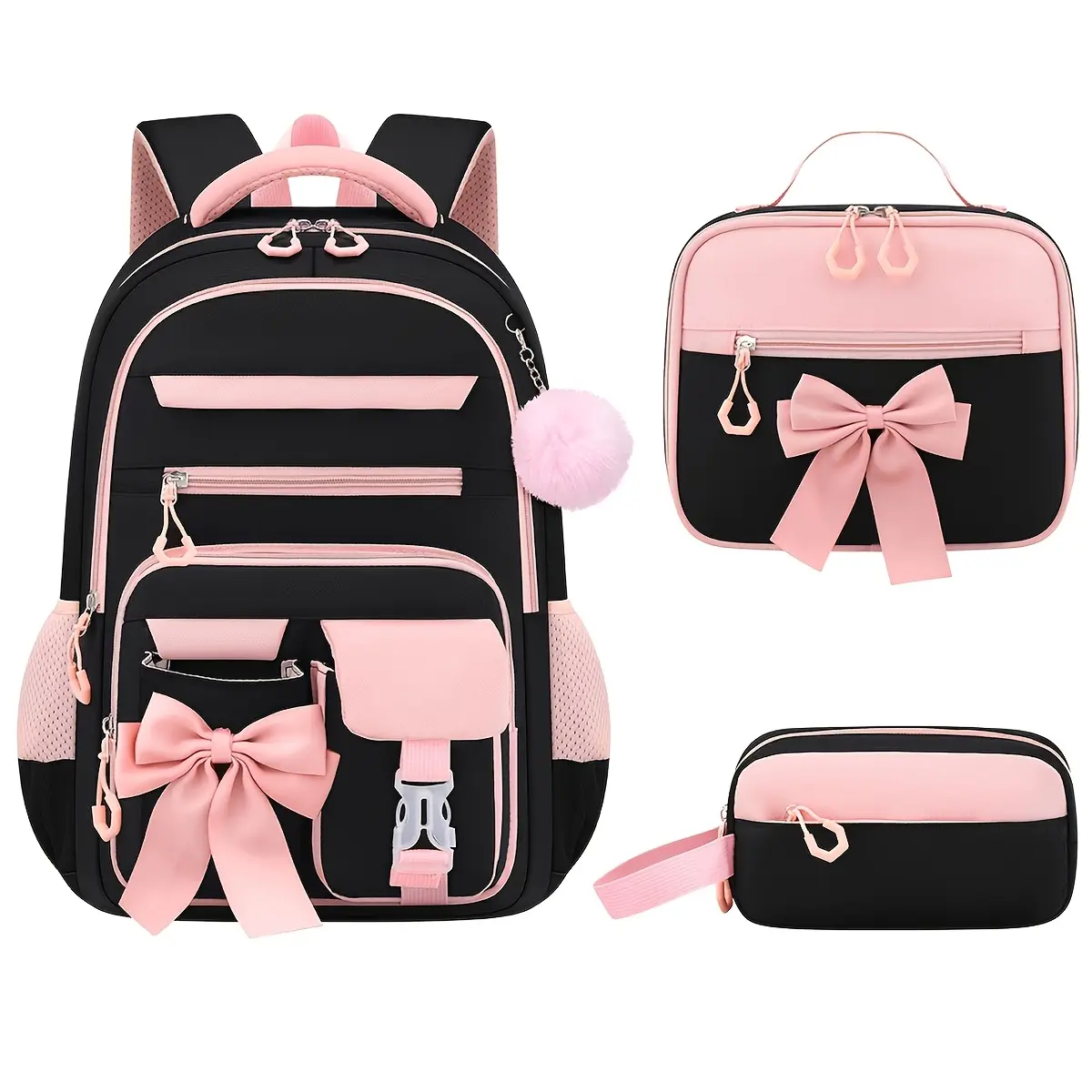 3pc Gentle-Style Light Pink Bow Embellished Backpack Three-Piece Set, Practical Girlish Full Set Combination. Lightweight Large-Capacity Backpack for Outings, Short Trips And Daily Shopping, Matched with Portable Mini Handbag And Multi-Card Slot Compart