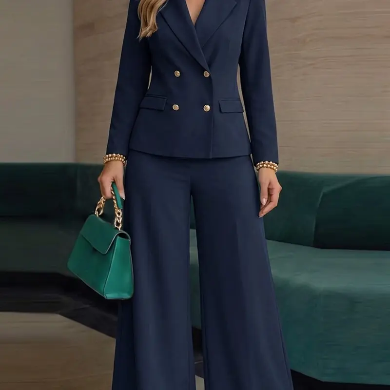 ZANZEA Women's European Style Fashion Chic Double Breast Blazer Jacket and Straight Leg Trouser Pants Set, Two-Piece Elegant for Daily Commute, Business Office Suit, Long Sleeve Suit Ensemble