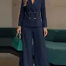 ZANZEA Women's European Style Fashion Chic Double Breast Blazer Jacket and Straight Leg Trouser Pants Set, Two-Piece Elegant for Daily Commute, Business Office Suit, Long Sleeve Suit Ensemble