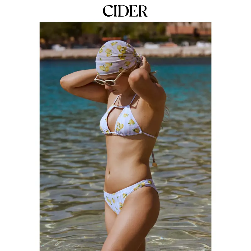 Cider Fruit Halter Neckline Metal Detail Triangle Bikini Set With Sarong