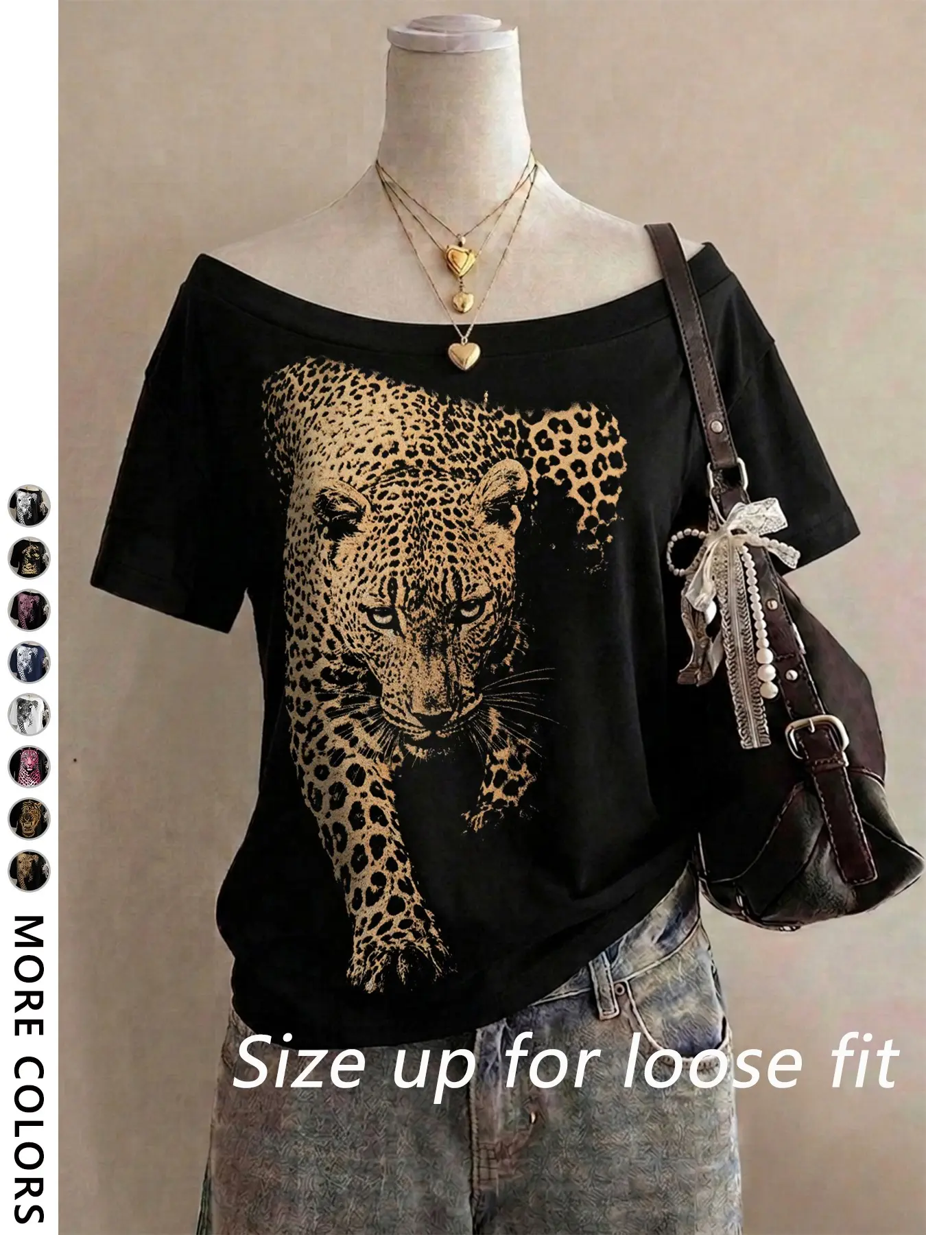 Women's Loose Fit Short Sleeve Off-Shoulder Summer T-Shirt, Leopard Print Design, Casual Style, Perfect for Outing and Shopping, Y2K Fashion
