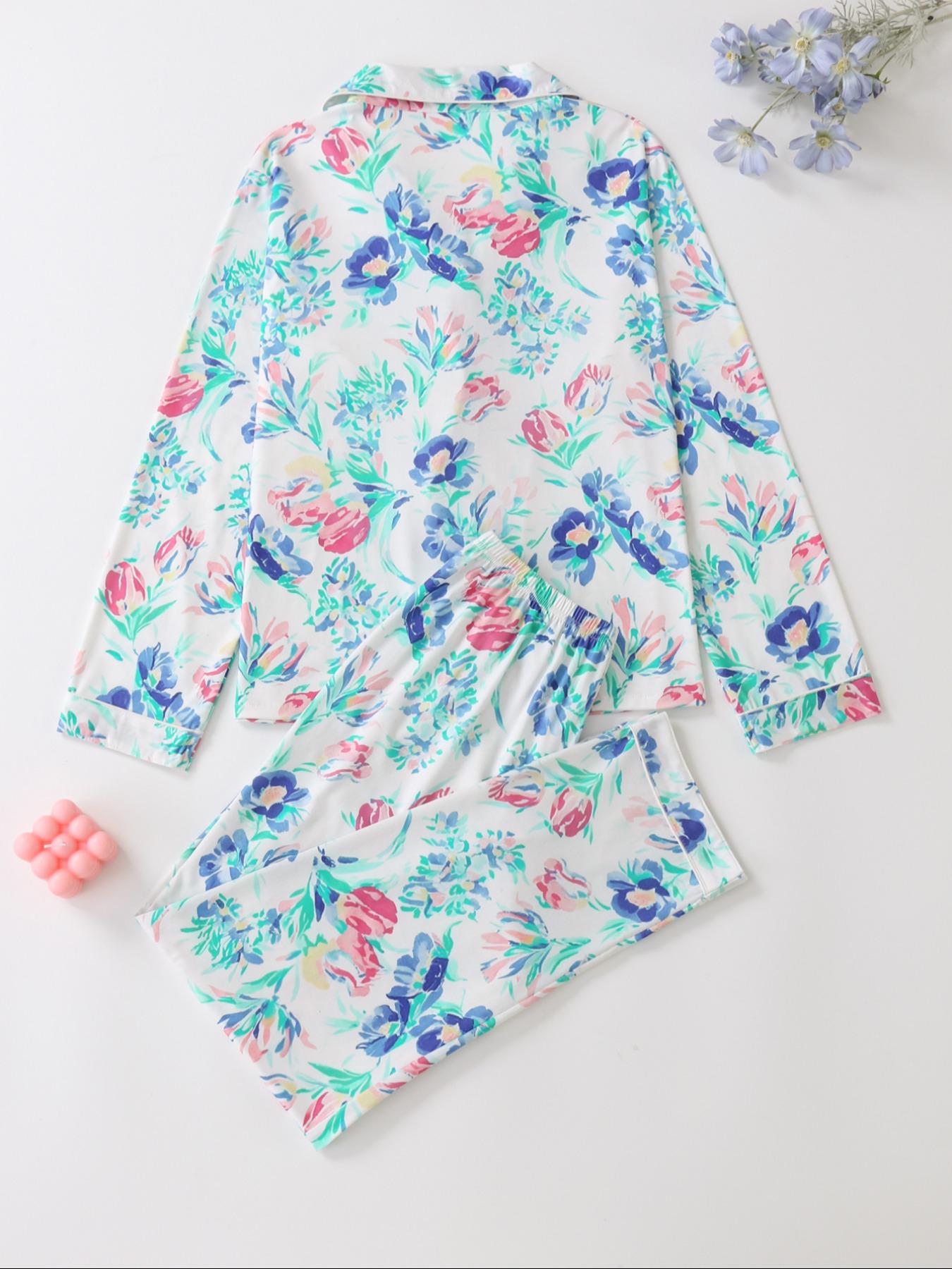 Women's All Over Floral Print Button Front Pocket Shirt & Elastic Waist Pants Pyjama Set, Casual Comfy Two-piece Pj Set, Matching Pj Set, Ladies Sleepwear for All Seasons Pajama Set