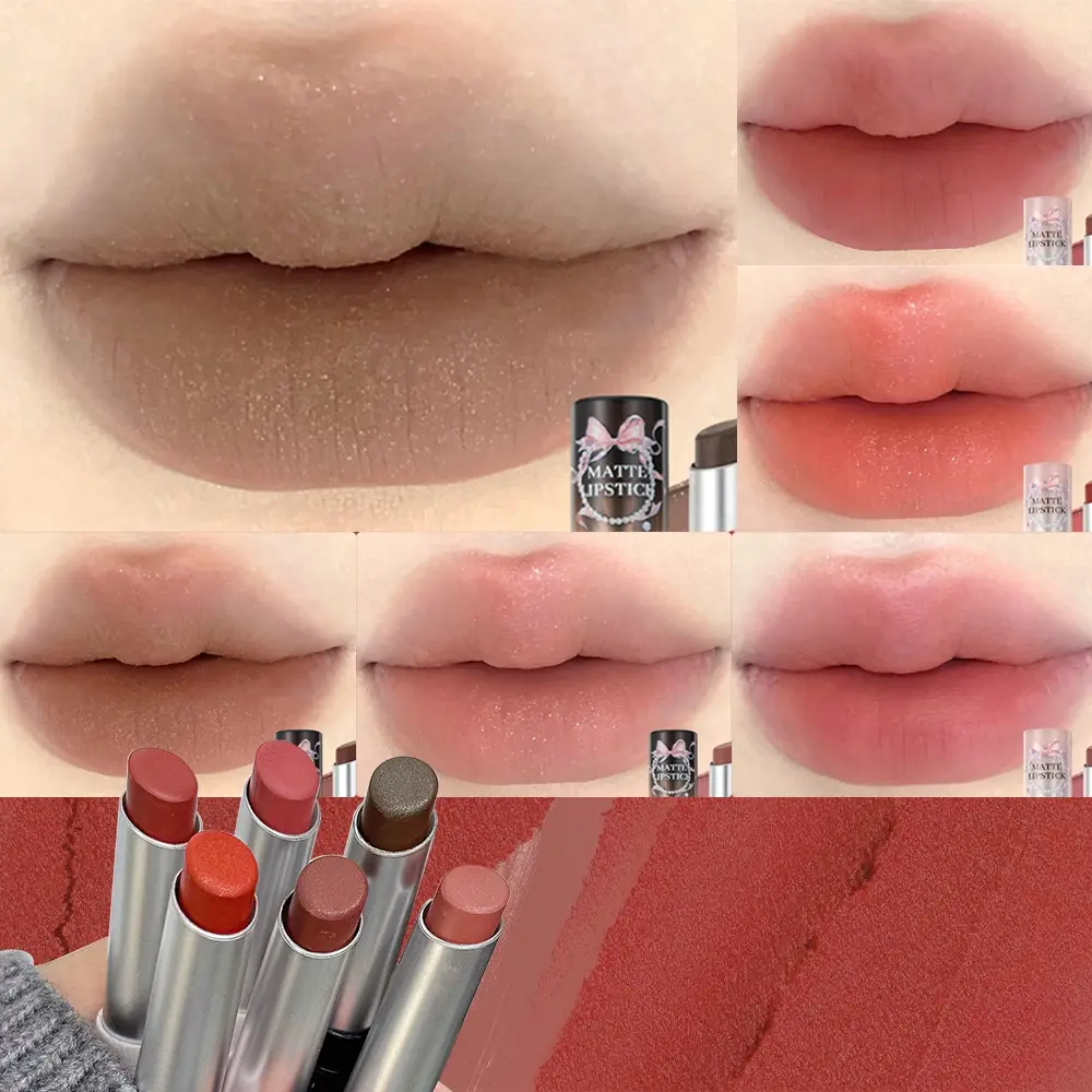 Matte Lipstick, Silky Matte Lipstick, Velvet Mousse Non Drying Lip Stick, Long Lasting Low Saturation Nude Brown Lip Makeup, 6 Shades Retro Red Chestnut Pumpkin Smoky Pink Gray Brown for Daily & Date Makeup