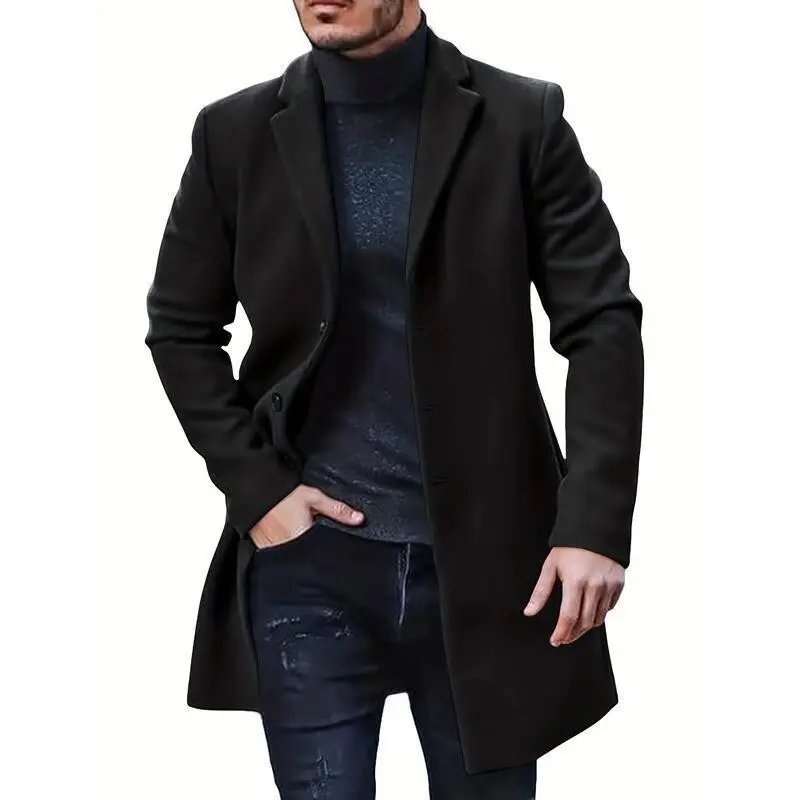 Men's Slim-Fit Trench Coat, Peak Lapel, Winter Warm Long Overcoat, Men's Outerwear, Sporty Elegant Groomswear Suit.