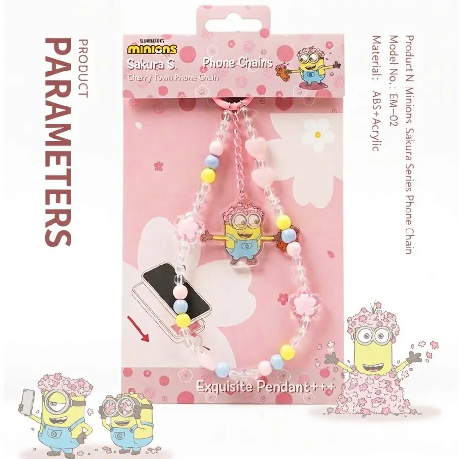 Minions Pink Beaded Phone Crossbody Strap – Cute Cartoon Pendant Lanyard with Heart & Flower Charms, Universal Phone Tether Tab, Hands-Free Neck Chain for All Models