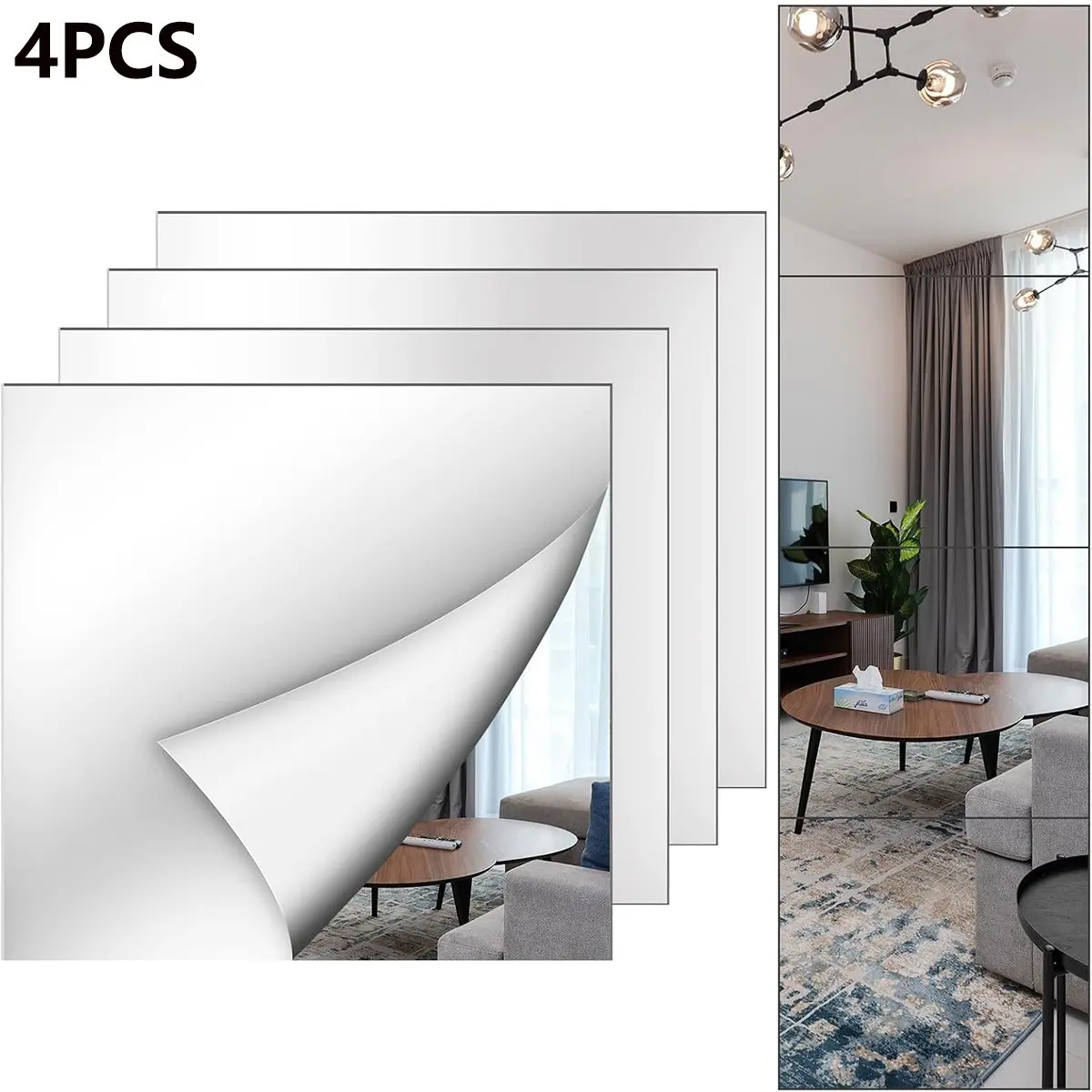 4pcs Silver Square Self Adhesive Mirror Wall Stickers, Waterproof Acrylic Mirror Tiles, Full Length Splicing Mirror Safe for Kids, No Drill Decor Mirror Wall Stickers for Living Room Gym Dorm Rental Apartment, Home Decor, Bedroom Decorations