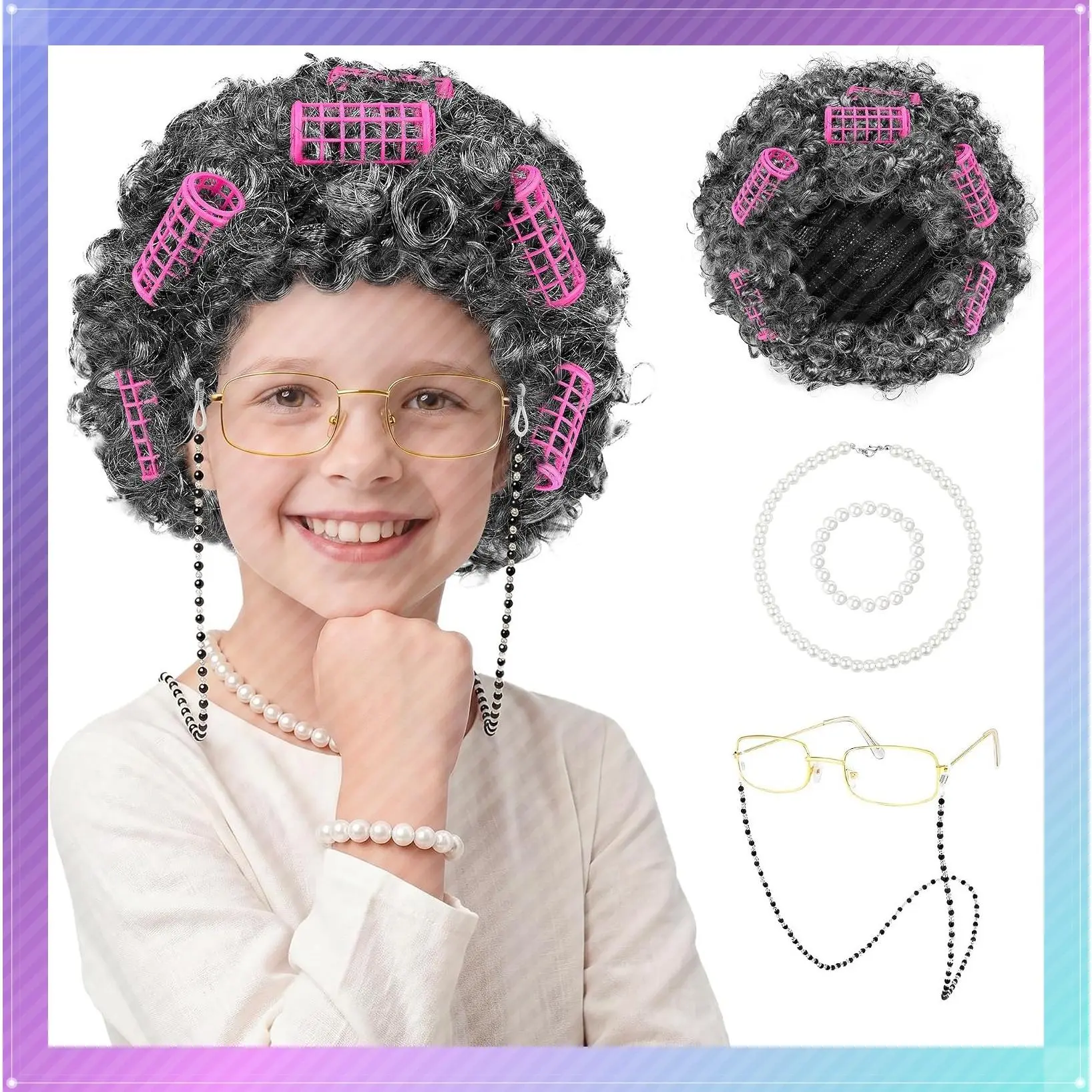 5 Pieces Halloween Old Lady Wig Costume Set Grandma Wig Hair Rollers Glasses Chain Necklace BraceletGift