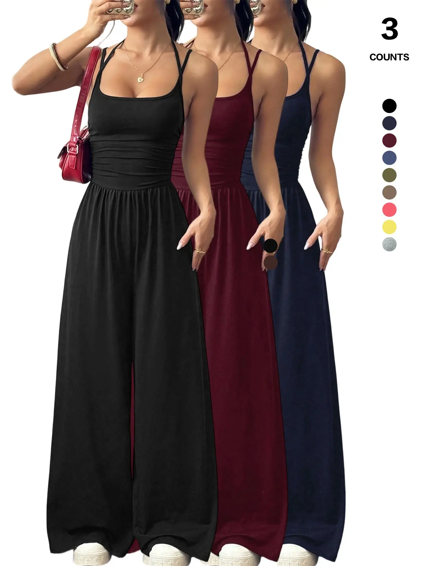Women's Sleeveless Spaghetti Strap Basic Casual Minimalist Everyday Fitted Lightweight Jumpsuit, Plain Pattern Lougwear, Wide Leg Baggy Pants Romper, One Piece Sweatsuit for All Seasons