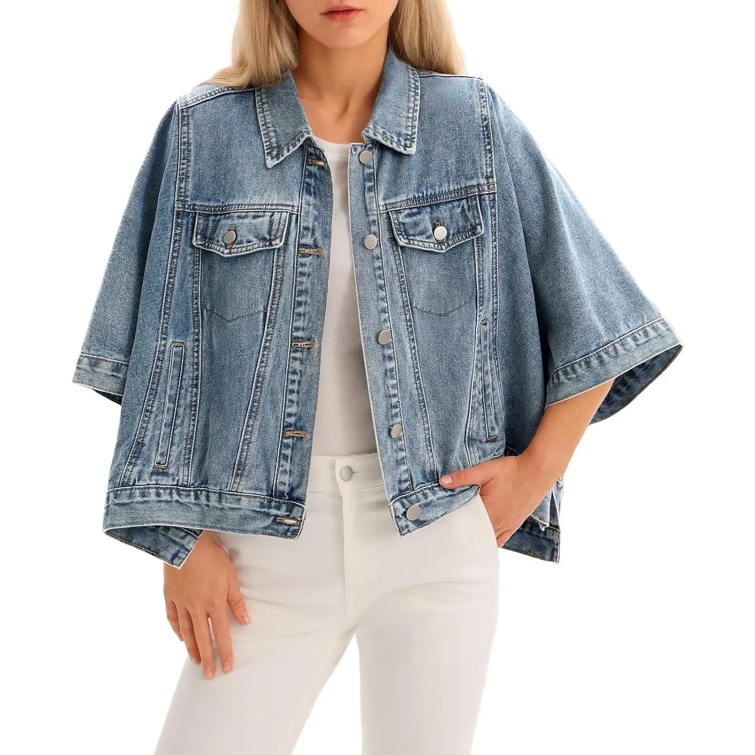 Tankaneo Womens Jean Jacket Oversized Cropped Short Sleeve Cotton Denim Jacket Fall Trendy Cape Outerwear with Pockets
