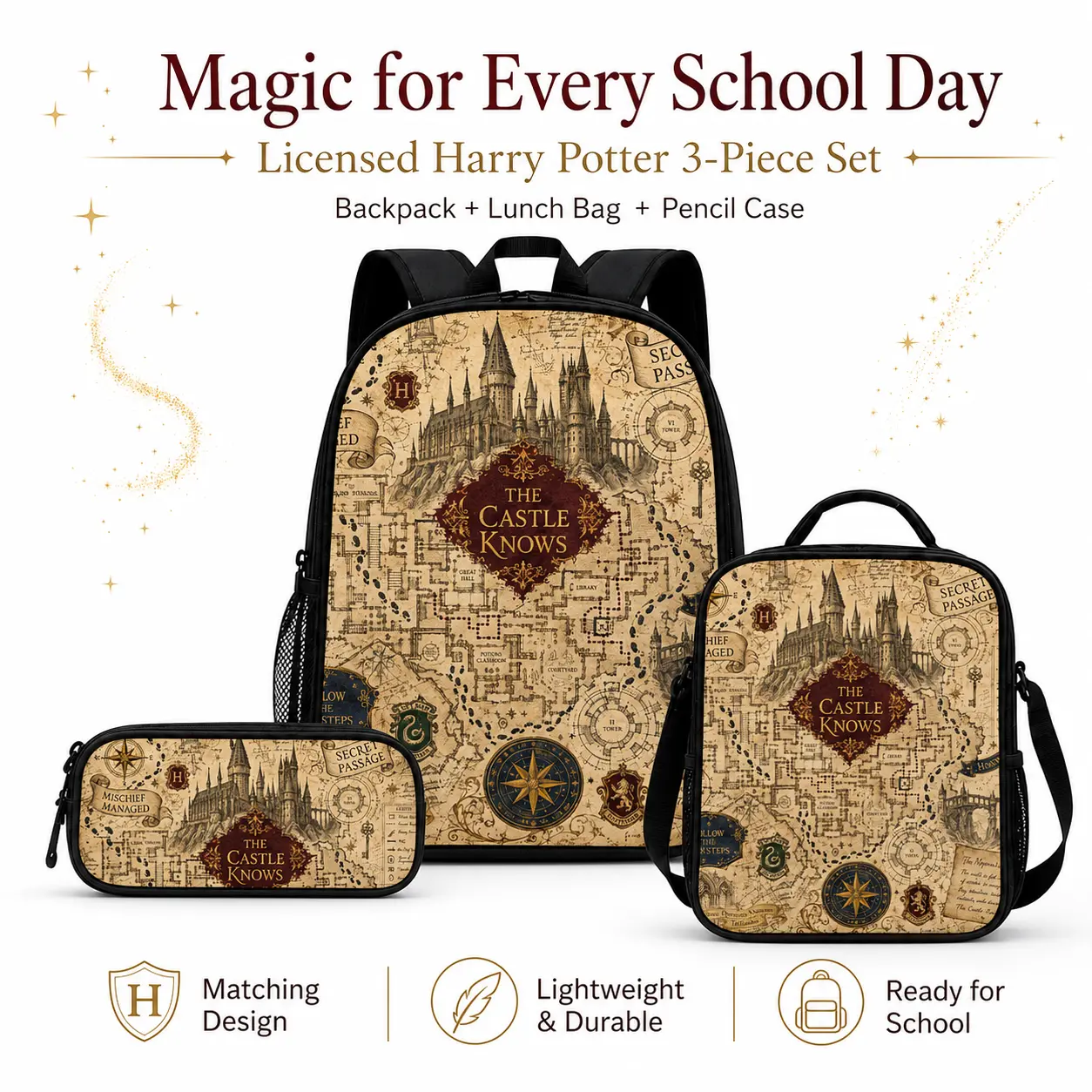 [Warna Bros]Harry Potter Licensed 3-Piece Backpack Set, Kids School Bookbag with Lunch Bag & Pencil Case, Hogwarts Castle Map Print, Back to School,bookbag,school backpack, multiple style,casual daypack backpack,anime backpack,pencil bag,jester backpack