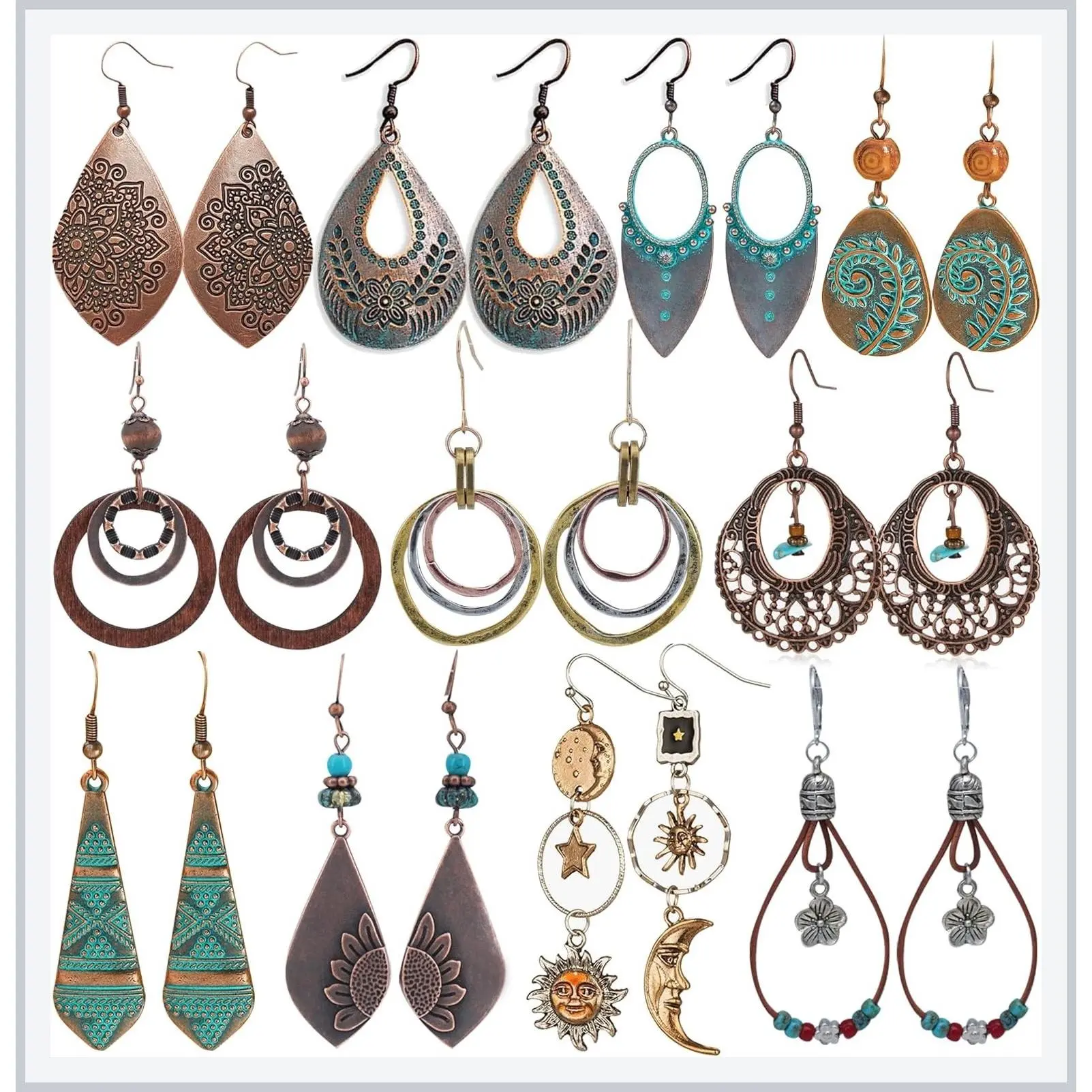 11 Pairs Vintage Boho Drop Dangle Earrings for Women - Retro Flower, Teardrop, Sun & Moon Jewelry Set, Gift for Mother's Day & Christmas