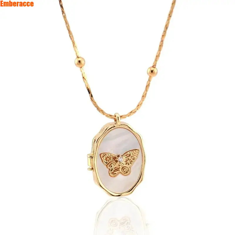 Women's Butterfly Necklace, Dainty 18K Gold Plated Locket Pendant with CZ Shell Charm, Adjustable Chain, Personalized Jewelry Gift for Her, Birthday, Anniversary, Everyday Wear
