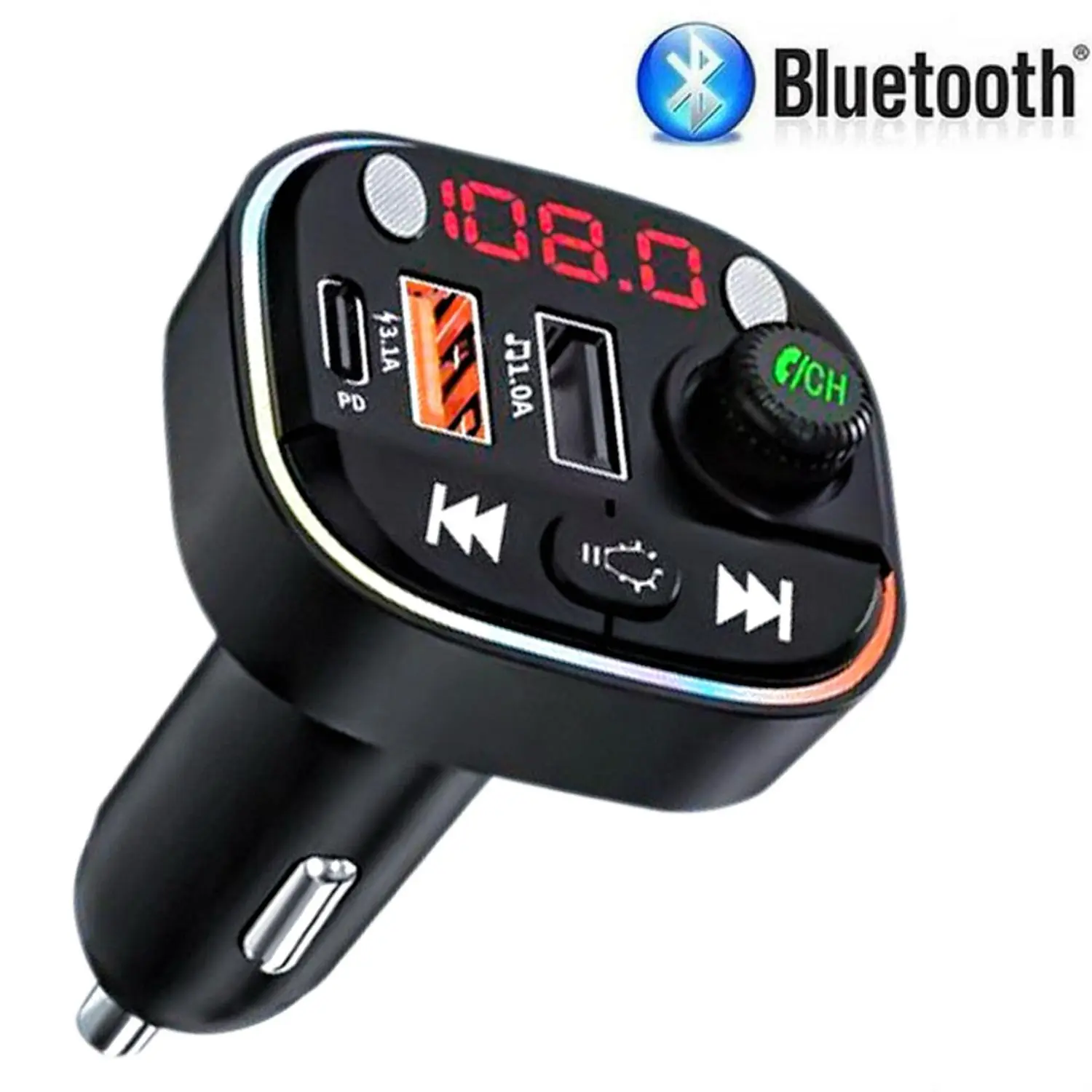 Bluetooth FM Transmitter for Car - Dual USB Charger, Wireless Radio Car Kit MP3 Player Support TF Card & USB Disk, Hands-Free Calling, Colorful LED Backlit Light (Black)