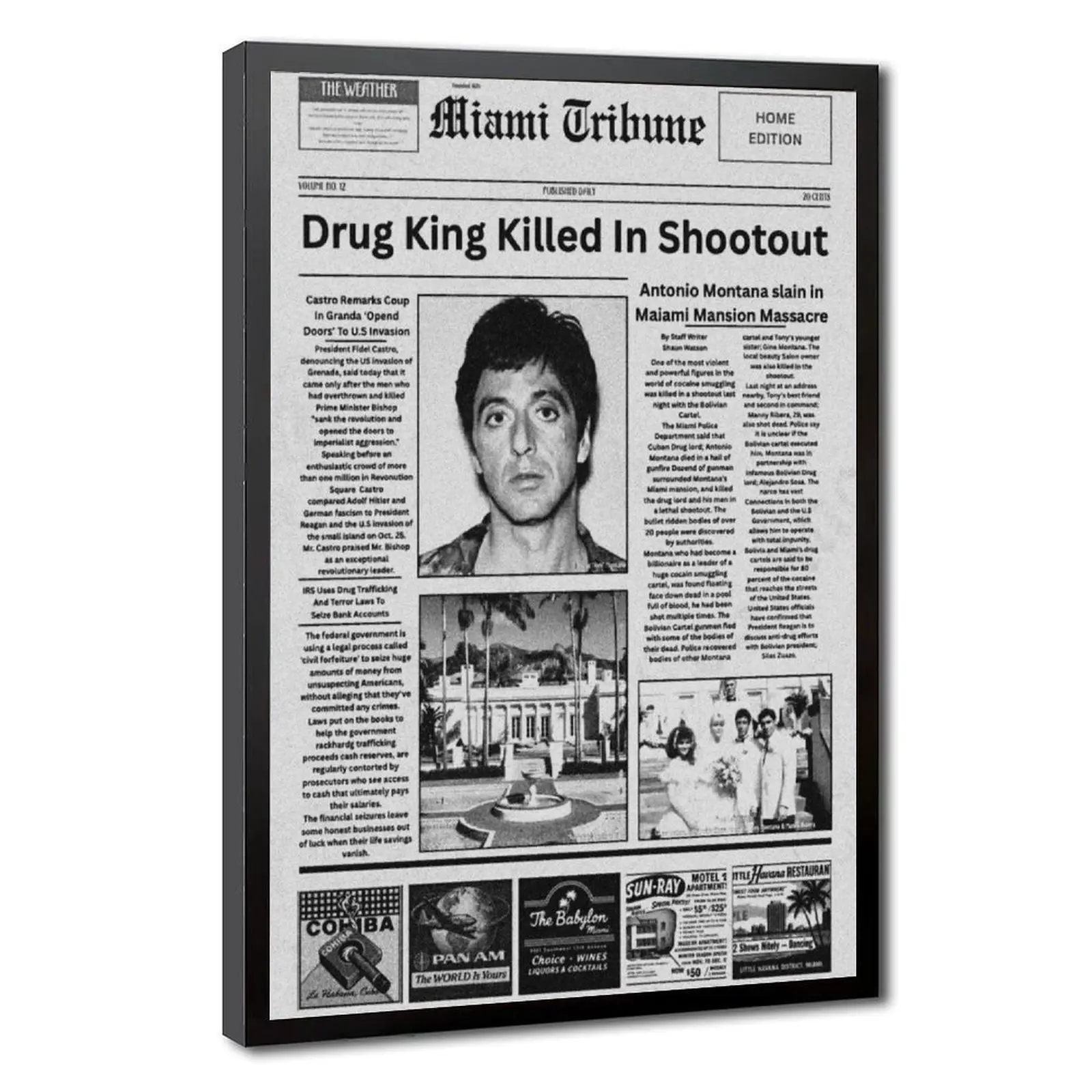 Scarface Newspaper Print Canvas Wall Poster, Miami Tribune Tony Montana Front Page Black White Gangster Newspaper Poster for Man Cave Office Apartment