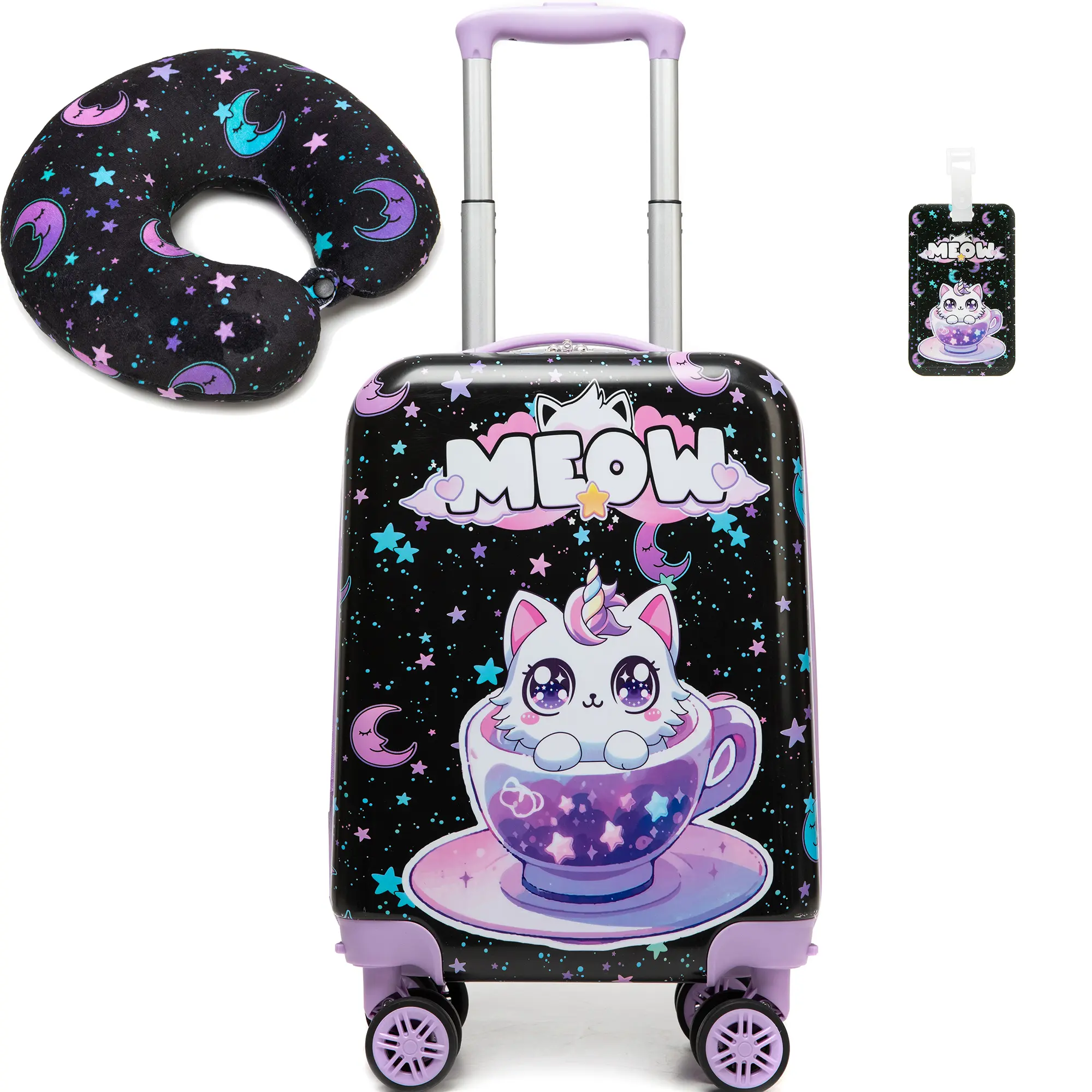 Girls' Chic 3-Piece Hardshell Luggage Set - Black Purple Meow Unicorn Kitten Design, Moon Galaxy Teacup Cat Rolling Carryon with Spinner Wheels, Hard Abs Shell, Soft Neck Pillow, Tag | Prop 65 Safe Kids Travel Set 2026