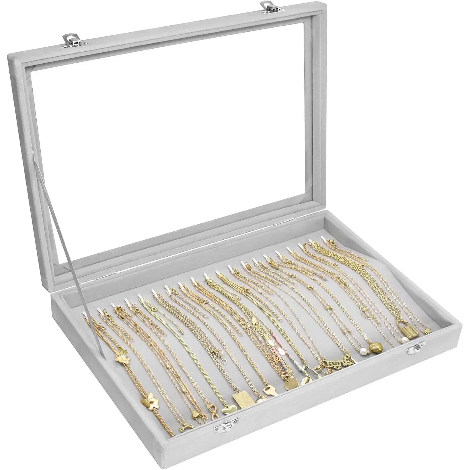 Necklace Organizer Box  20 Hooks  Necklace Display  Tray with Transparent Lid  Necklace Display Box for Necklace Pendants Suitable for Women and Girls (Grey)
