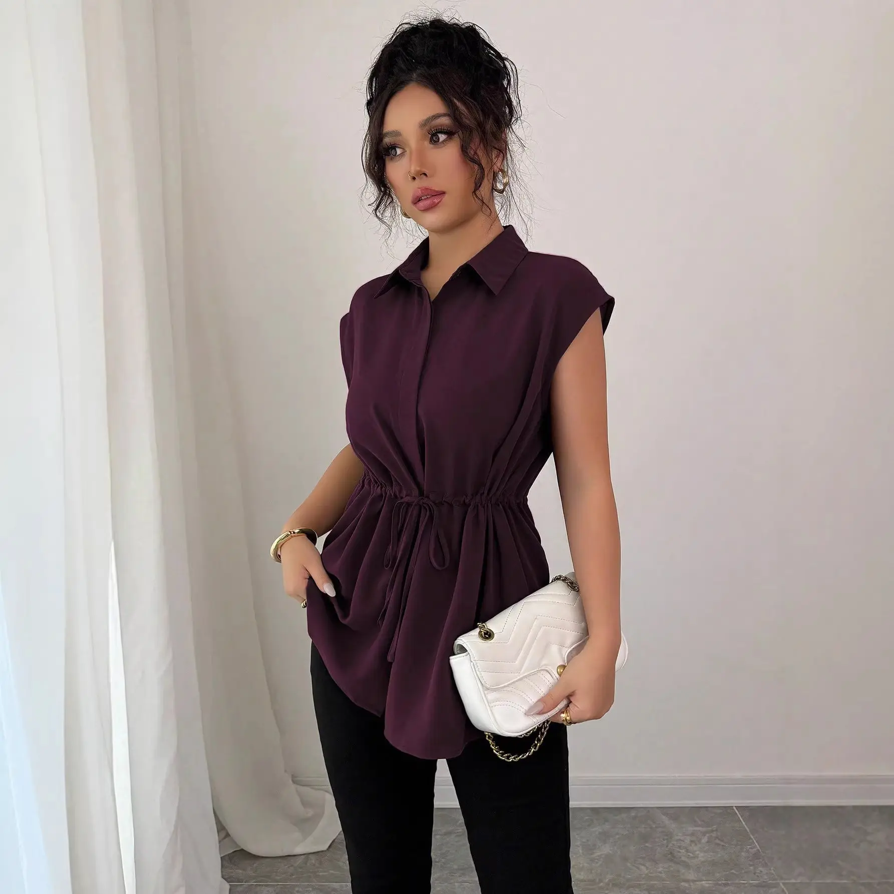 Women's Silky Drape Cap Sleeve Blouse, Breathable Minimalist Polo Top with Adjustable Drawstring Waist for Office, Sleeveless, Flared, Basic, Casual, Skirts, Lightweight, Everyday, Soft, Fabric, Slacks, Button, Collared
