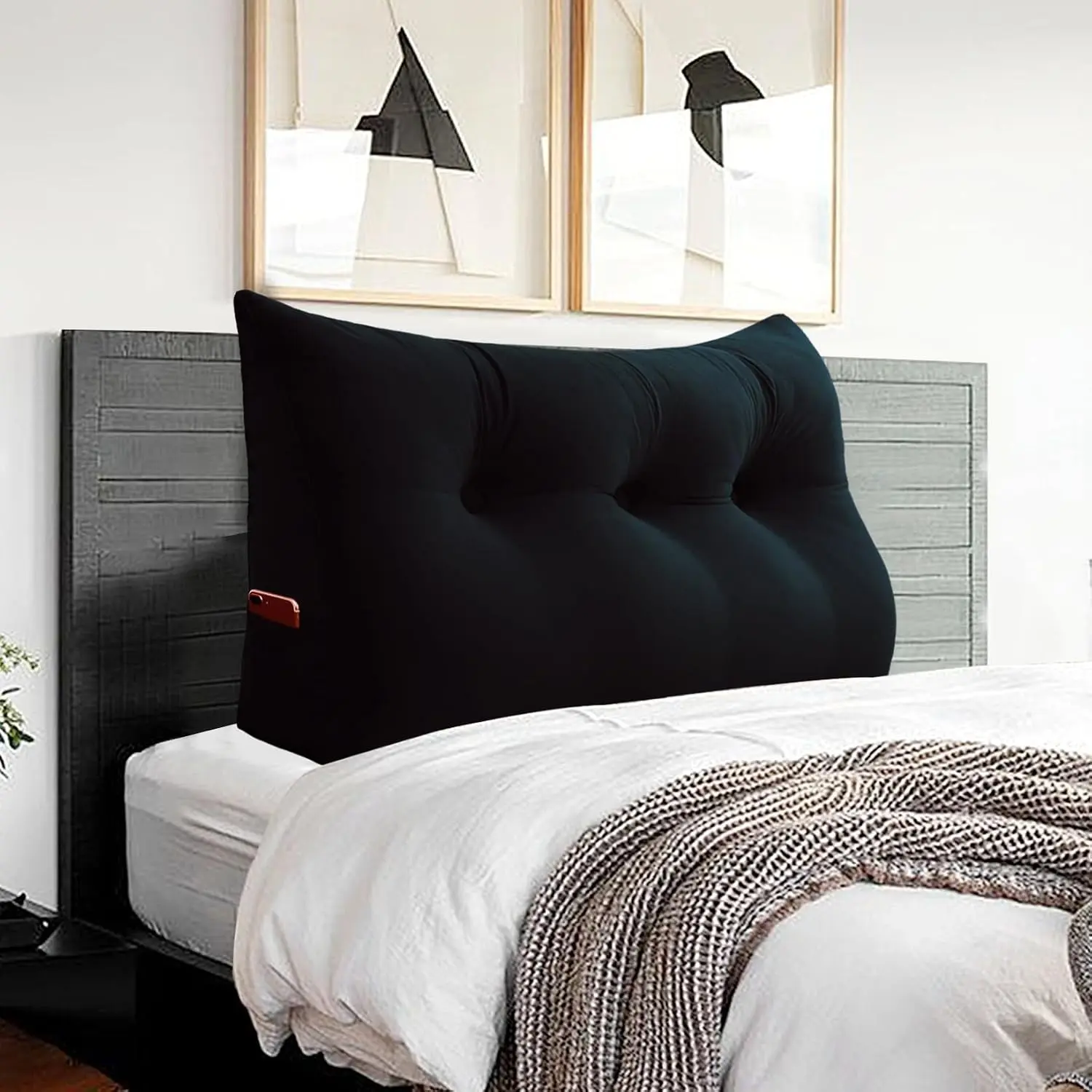 Headboard Pillow Twin for Dorm - Velvet Bed Wedge Headboard Reading Pillow for Sitting in Bed, Positioning Support Backrest Pillow with Removable Cover & Side Pockets, Black
