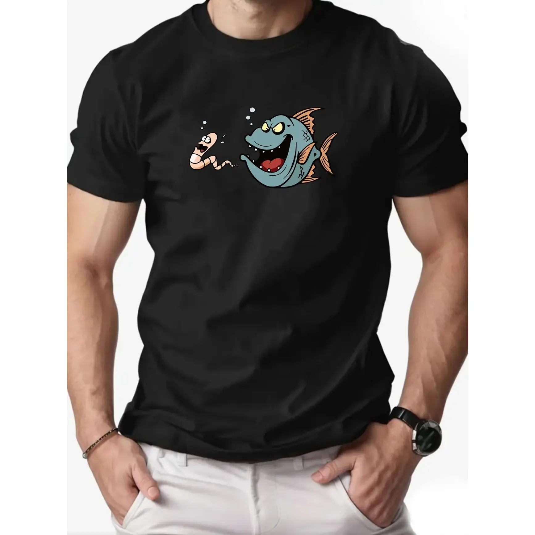 Cartoon Predatory Fish Chasing Scared Worm Graphic 100% Cotton Oversized T-Shirt, Comfort Cute Fashion Outfit Tee, Best Valentine's Day Gift For Him Her, Ideal Holiday Present For Fishing Lovers Friends And Family