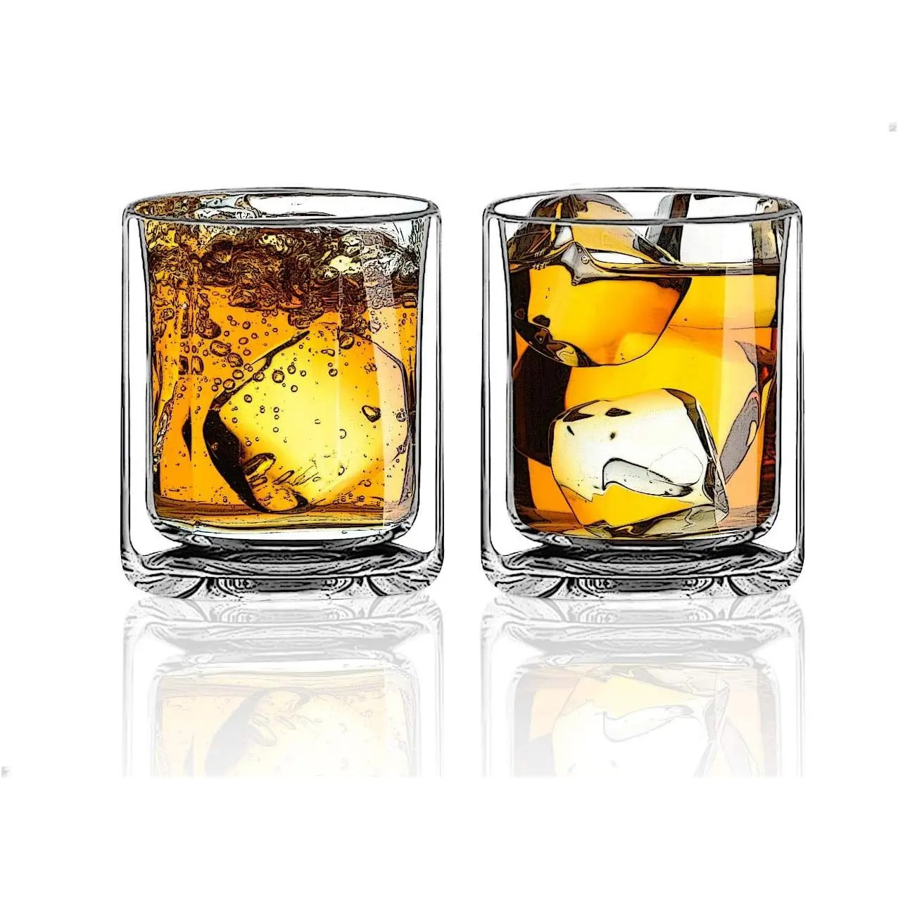 Sun's Tea Double Walled Borosilicate Clear Drinking Glasses, Manhattan Style for Hot & Cold Liquids Whiskey Bourbon Vodka Scotch, Set of 2